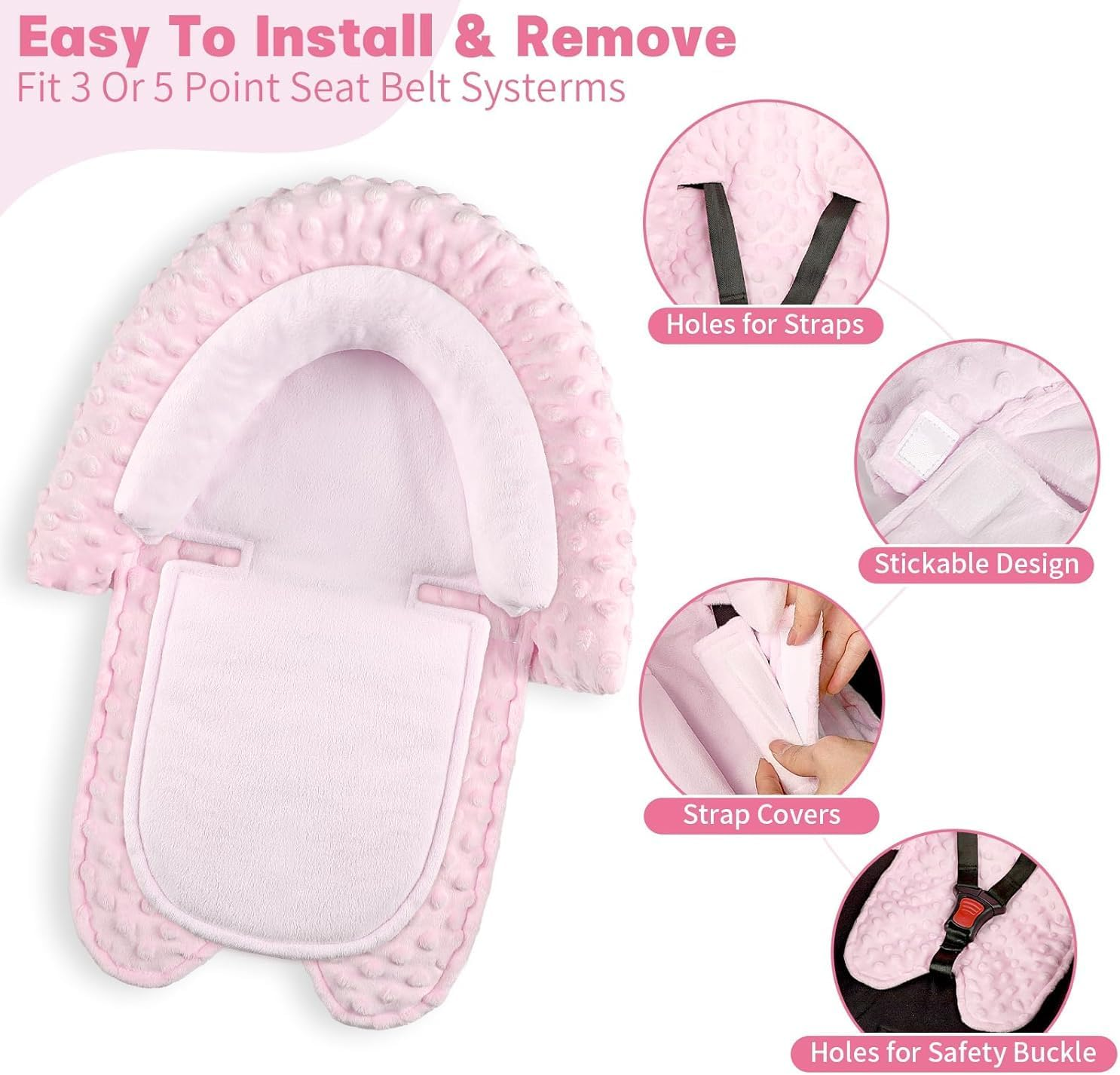 Infant Car Seat Insert, HNHUAMING Baby Car Seat Head & Body Support with 2 Straps Pads, Ultra Soft Newborn Preemie Carseat Insert Cushion for Girls Boys, Fits Car Seat, Stroller, Swing, Bouncer(Pink) image number 3