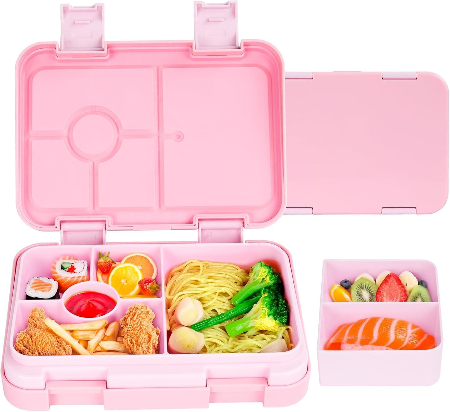 Bento Box, Double Buckle Leakproof Bento Lunch Box, Lunch Containers for Adult Kids with 5 Compartments, Snack Containers for on the Go Meal, Food Tray BPA Free (Pink)