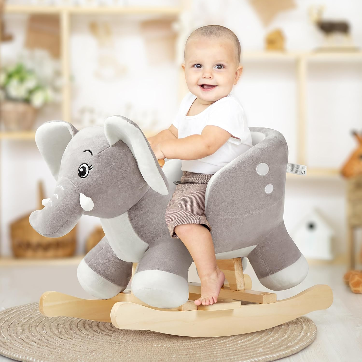 FUNLIO Elephant Baby Rocking Horse for Toddlers 6 Months to 3 Years, Cute & Graceful Grey Elephant Rocker for Baby Girl, Stuffed Plush Ride-On Rocking Animal, Easy to Assemble, CPC & CE Certified image number 4