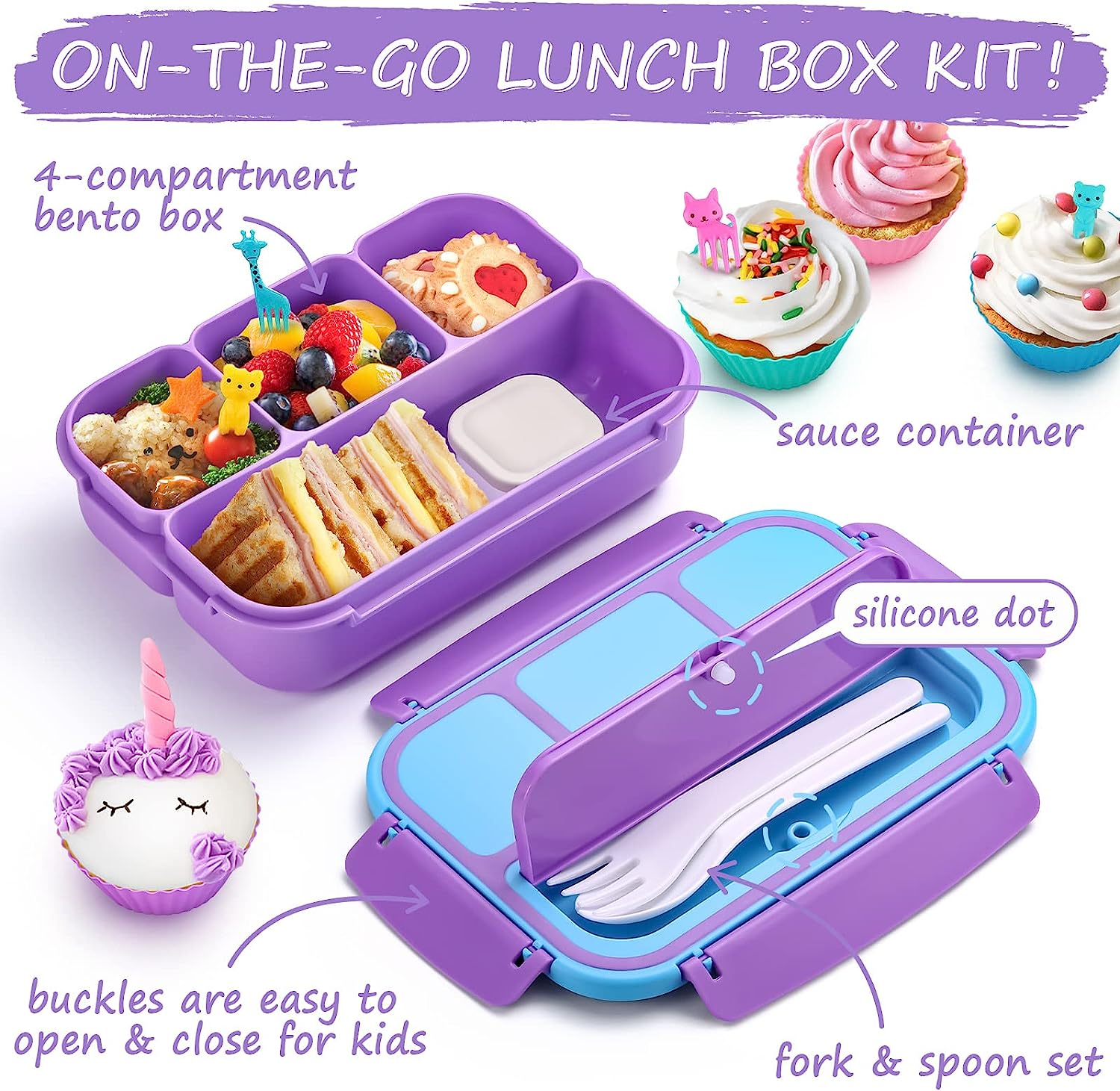 QQKO Bento Lunch Box with 4 Compartments, Sauce Container, Utensils, Food Picks and Muffin Cups for School - Purple - Black Gray image number 3