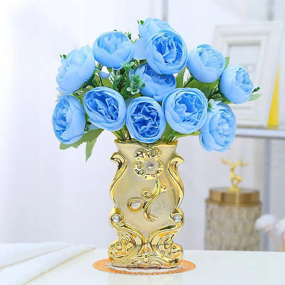 Hbluefat Fake Flowers in Vase,Mini Artificial Flower with Golden Ceramic Vase,Small Silk Roes Faux Flower Arrangements for Home Office Dining Table Centerpiece Coffee Table Decor (B Style,Red-Bud)