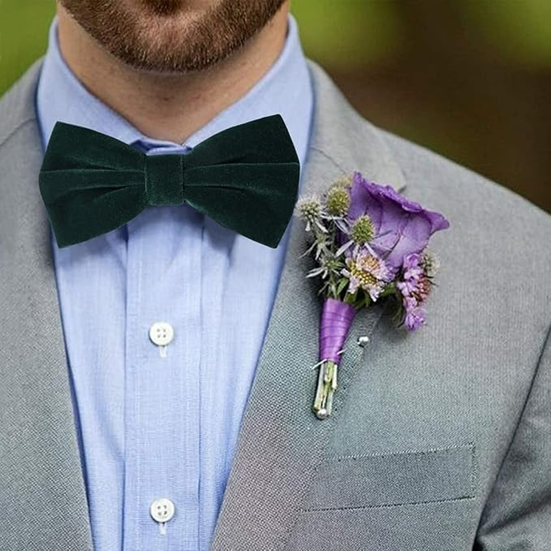 Mens Velvet Bowtie Pretied, Solid Color Formal Adjustable Tuxedo Bow Ties for Wedding Party Prom Various Color - Dark Green+Wine Red image number 4