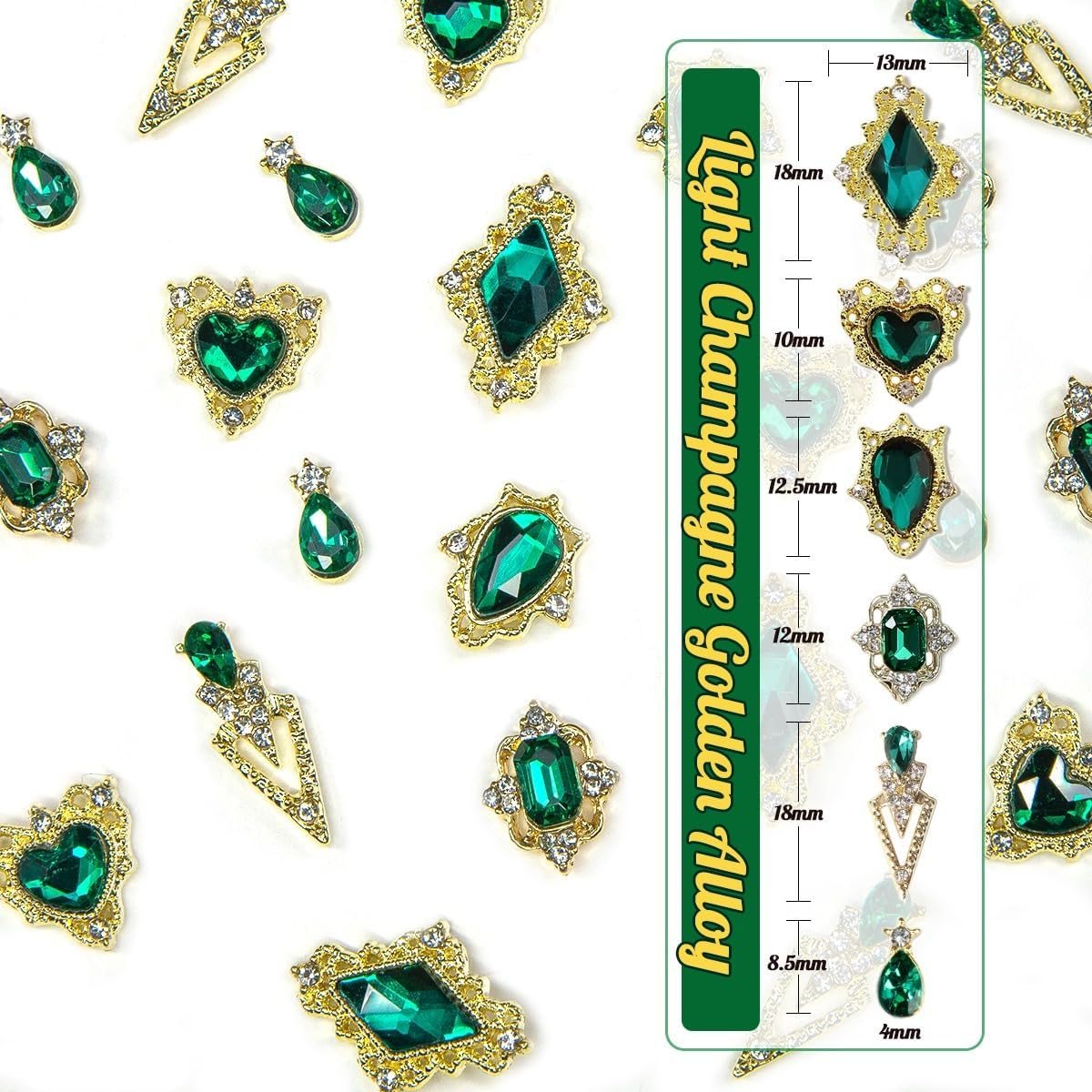 Qiipii 24Pcs 6 Styles Emerald Green Nail Charms Big Luxury Nail Rhinestones Heart Gems Crystals Diamonds Jewelry Jewels Stones Nail Art Studs for Arylic Nails DIY Crafts Clothes Shoe Phones Cardmaking image number 5