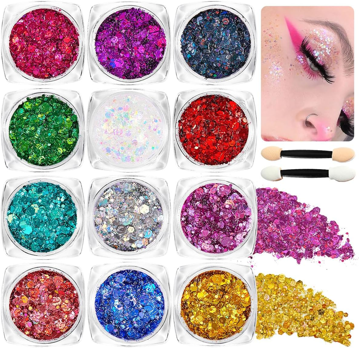 Slzhds Face and Body Glitter Gel, 12 Colors Mermaid Face Glitter Gel, Sequins Glitter Face Paint, Hair Glitter Gel, Glitter Gel Makeup for Lip, Hair, Eyes, Chunky Glitter for Festivals, Parties (12 Color)