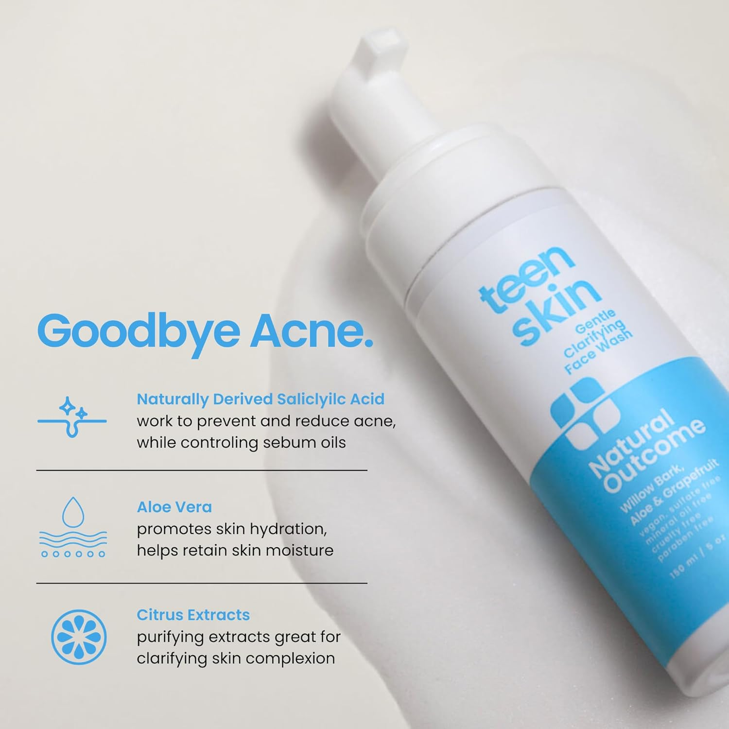 Natural Outcome Teen Skin Face Wash | Gentle Foaming Daily Boys & Girls Facial Cleanser Lotion | Natural Non-Toxic Ingredients | for Teens, Preteens & Kids Looking to Prevent Acne | 5 Oz image number 3
