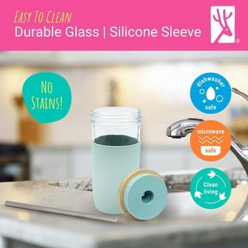 Elk and Friends 24Oz Glass Mason Jar &ndash; Pack of 4 | Bamboo Straw Lids + Stainless Steel Straws | Smoothie + Iced Coffee + Bubble Tea Cups | Glass Cups with Lids and Straws | Dishwasher Safe image number 6