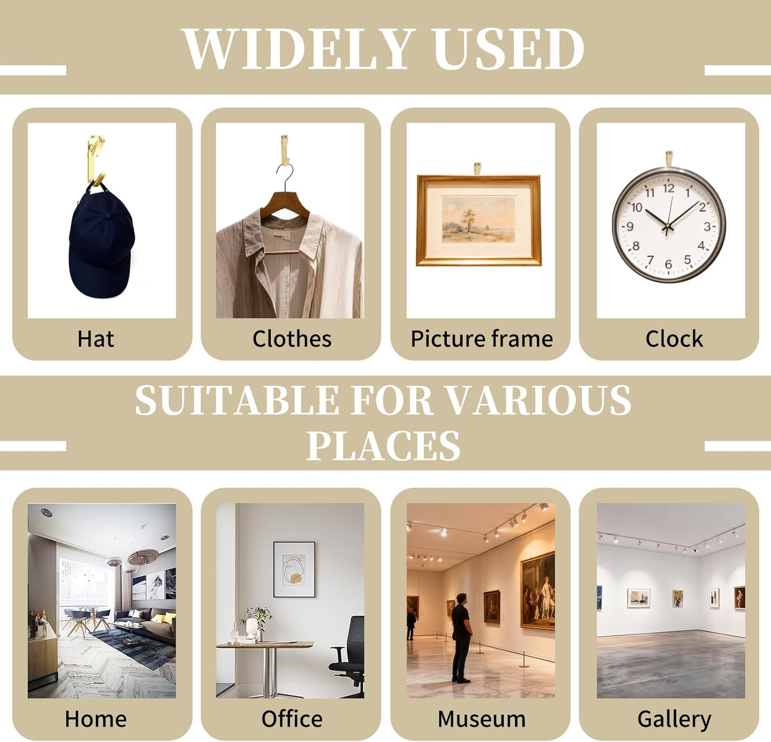 100 Pcs Picture Hanging Kit, Golden Wall Hooks with Nails, Heavy Duty Photo Frame Hangers for Drywall & Wooden Walls Includes 30LB & 50LB Hooks Minimal Damage image number 6