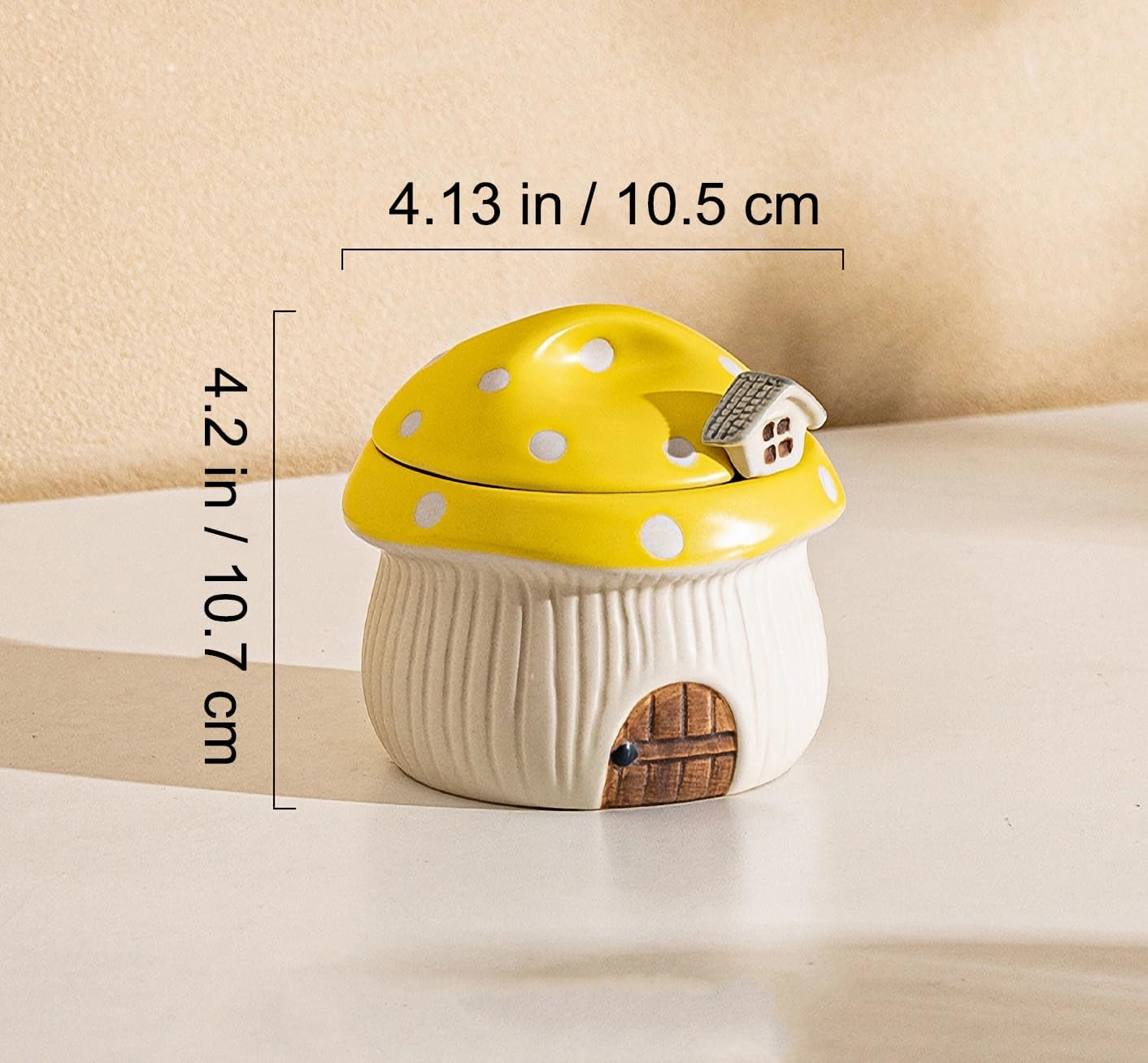RESVUGA Ceramic Sugar Bowl with Lid & Spoon, Cute Mushroom House Design. Porcelain Seasoning Storage Jar, 14 Ounces. (Yellow) - Pink image number 2