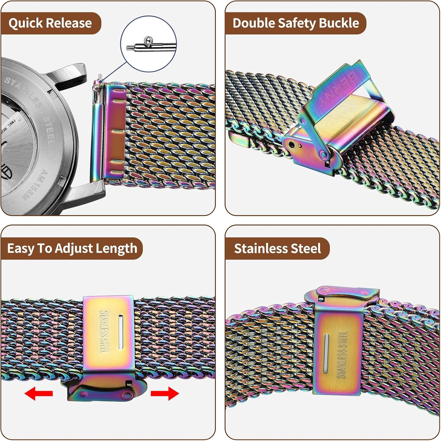 BERNY Stainless Steel Mesh Watch Band for Mens Women Quick Release Adjustable Milanese Watch Straps Thick Heavy Duty Metal Bracelet with Safty Clasp Black Silver 18Mm 20Mm 22Mm 24Mm image number 2