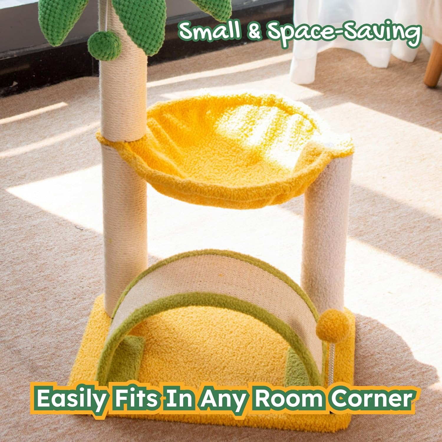 Beach-Themed Cat Tree - Palm Tree Cat Tower with Hammock Bed, Sisal Scratching Post, Arch Bridge, Fun Activity Tower for Kittens and Small Cats, 65Cm Tall image number 4