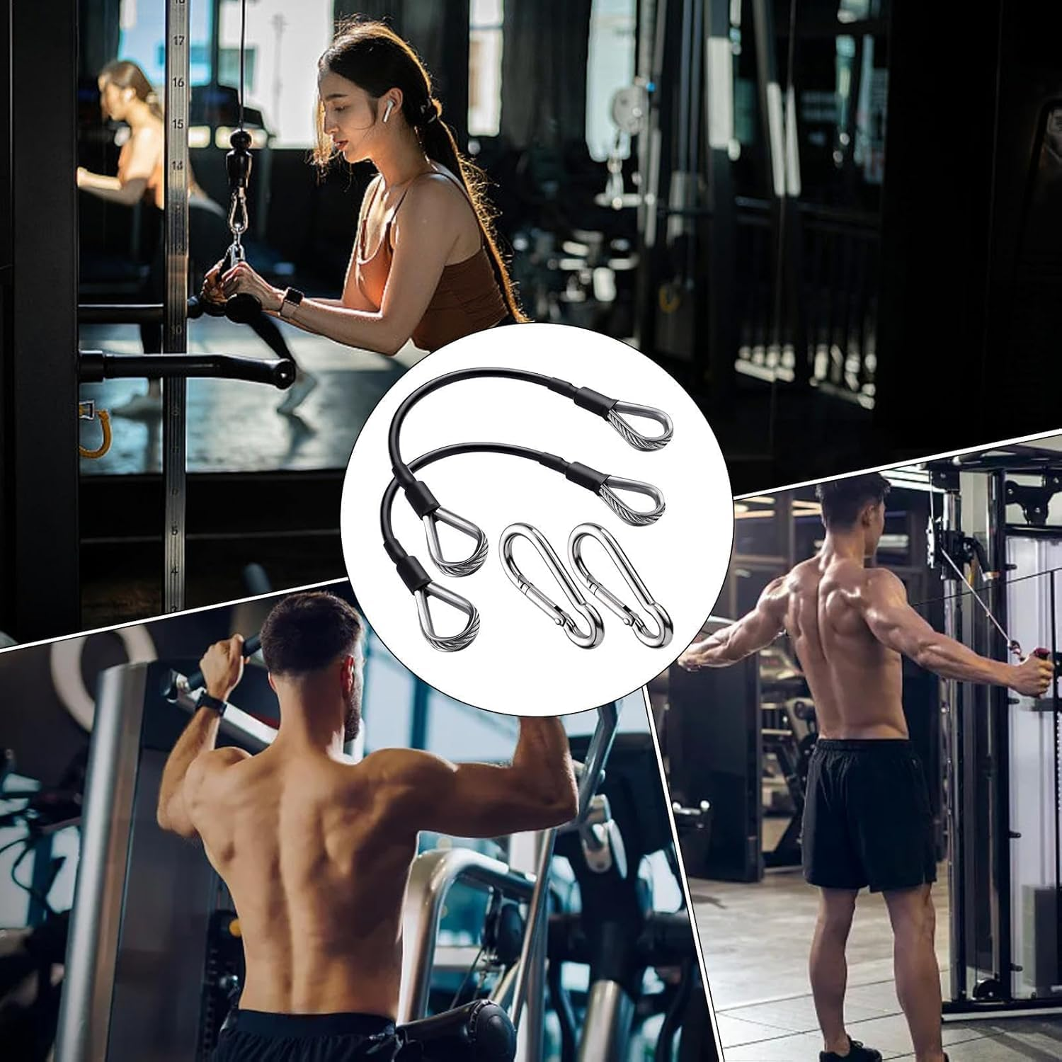 Lexziuo 2PCS Gym Cable Extension Strap with Carabiner, Fitness Pulley Workout Cable for Cable Machine, Home Gym Accessories & Strength Training Equipment, Stainless Steel Connector