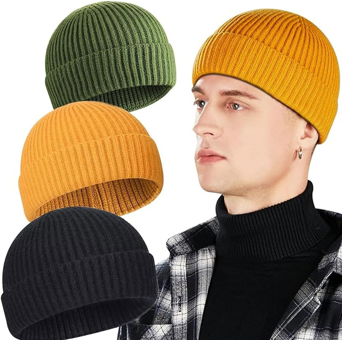 YIRANJIA 3-Pack Wool Fisherman Beanies for Men | Short Knit Watch Caps Cuffed Trawler Hats for Winter, Fishing & Outdoor Activities image number 3
