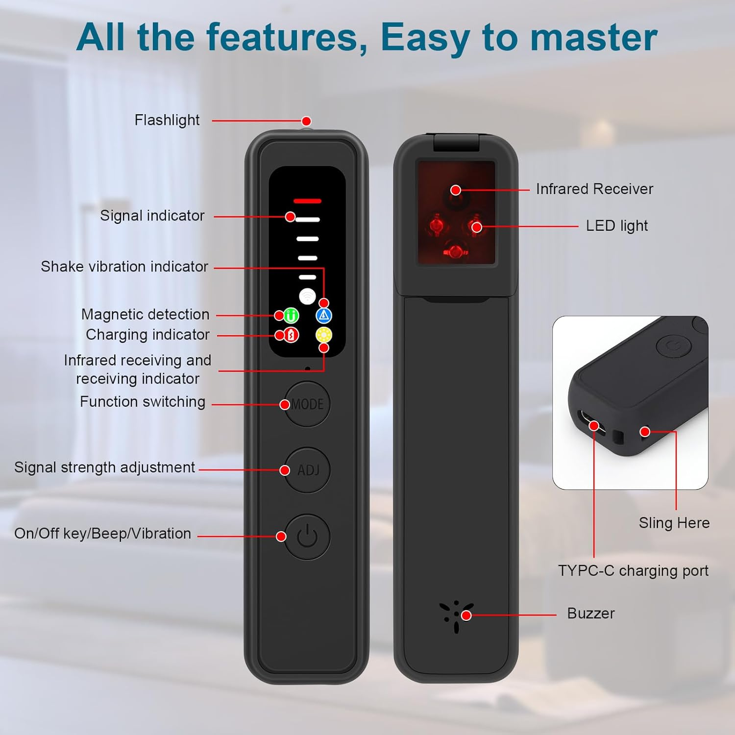 CLERIVI Ai-Powered Hidden Camera Detector & Bug Detector , GPS Tracker Finder with 5 Sensitivity Levels for Travel, Hotel & Office Security. Portable, Rechargeable Anti-Spy Device