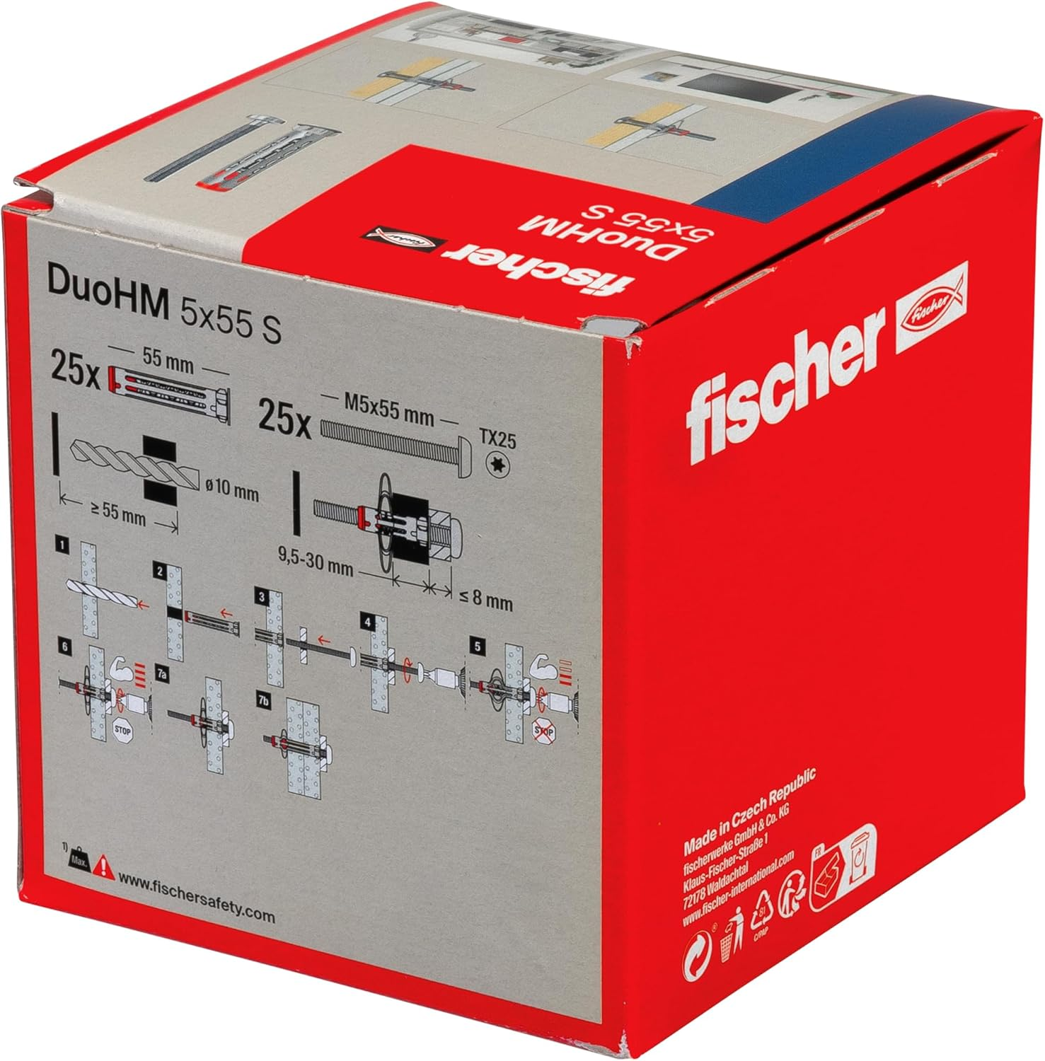 Fischer Duohm 5 X 55 S TX Cavity Dowels with Metric Panhead Screw and TX Drive for Fixing TV Brackets, Lights, Wall Shelves, Etc. in Panel Building Materials, Pack of 25 image number 6