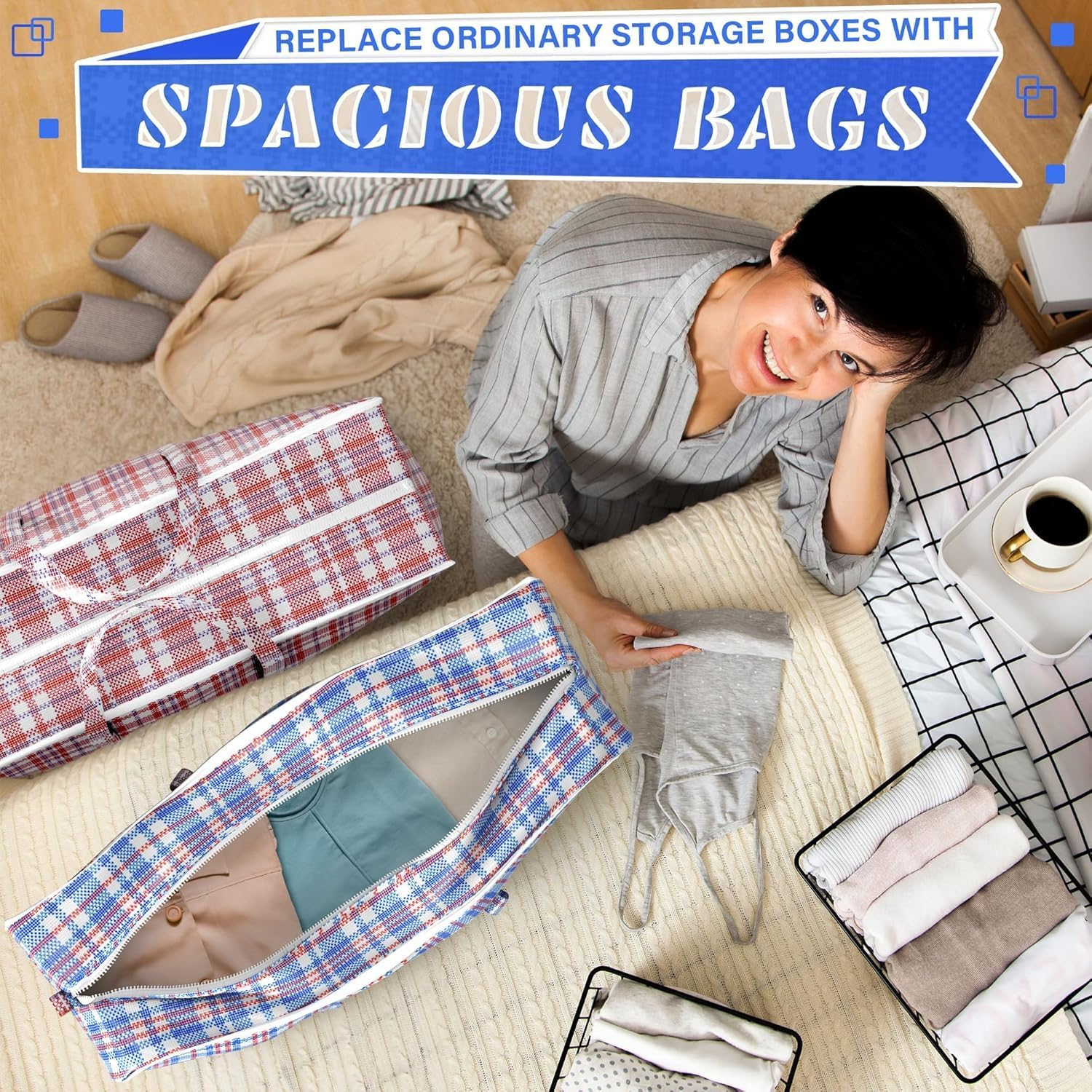 4Pcs Extra Large Laundry Bag with Handles,31.5 X 23.6 X 9.8 Inch Durable Moving Bags with Zippers,Checkered Travel Bags Reusable Organizer Bag for Storage of Clothes Bedding Duvets,Moving House image number 6