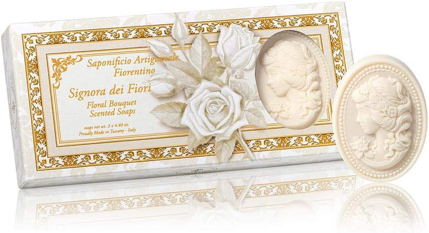 Lady of Flowers, Designer Natural Soap with an Inspiring Scent of Flowers, Oval Sculpted with Cameo, Gift Box with Three Soap Bars, 3 X 4.40 Oz.