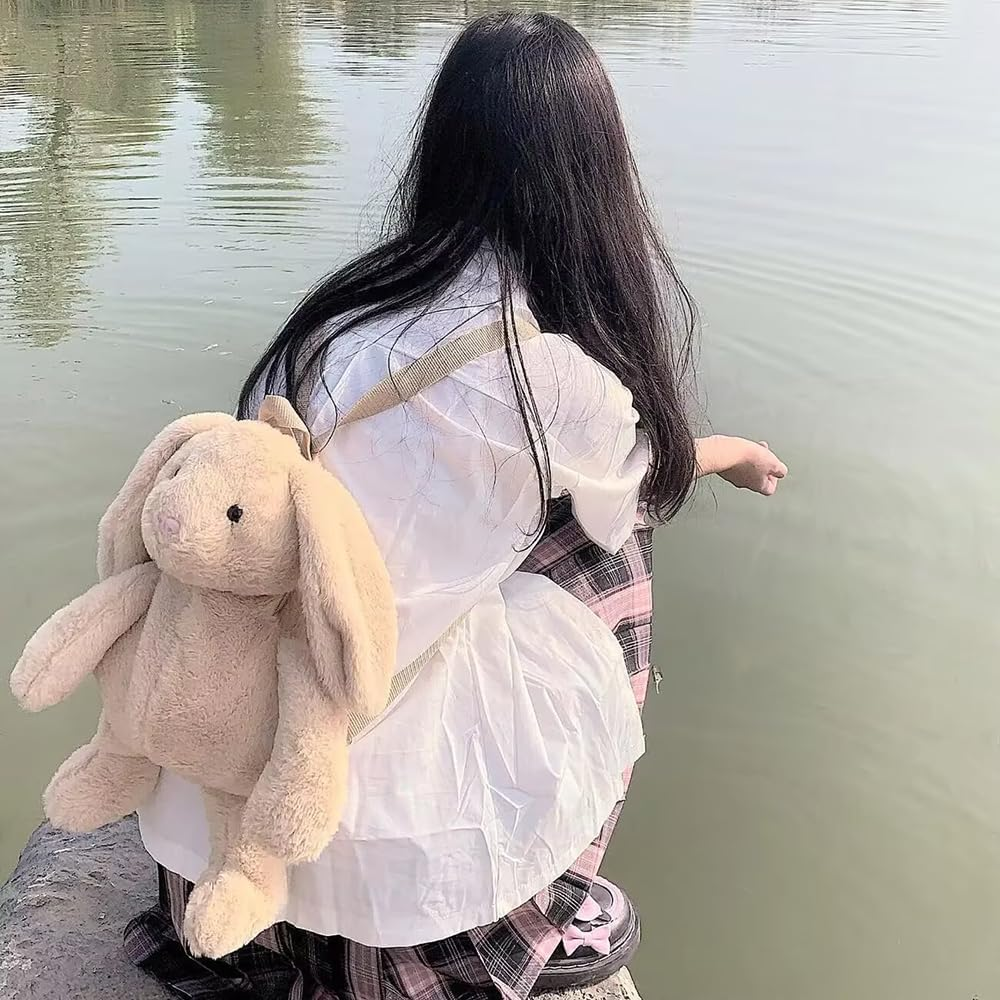 Mellsunny Cute Fuzz Plush Animal Backpack Rabbit Backpack Kawaii Bunny Backpack Fluffy Shoulder Bag Casual Daypack - Khaki image number 5