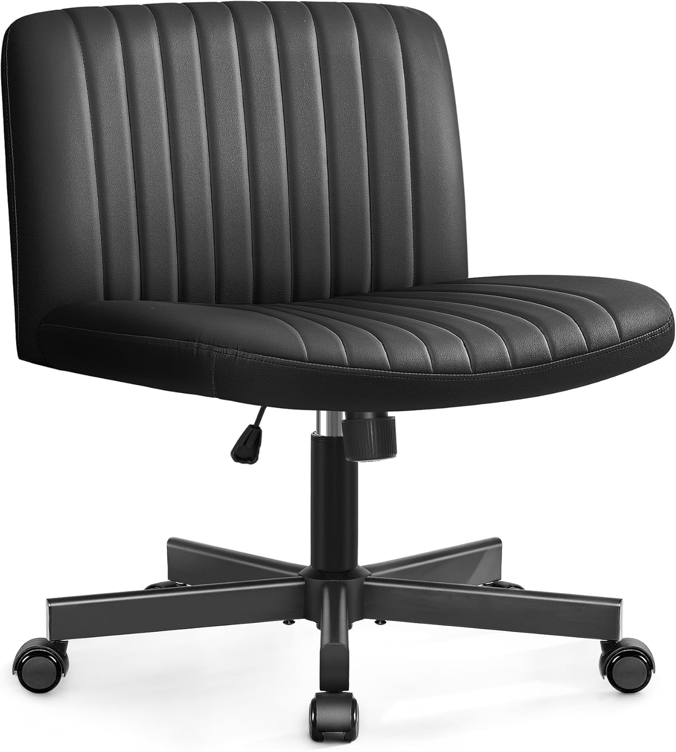 Cross Legged Desk Chair-Wide Seat Fabric Armless Chair Cloth Surface with Wheels, and Upholstered Cushioned Seat,Swivel Desk Chair for Home, Make Up, Bedroom Computer Task Chair, Beige