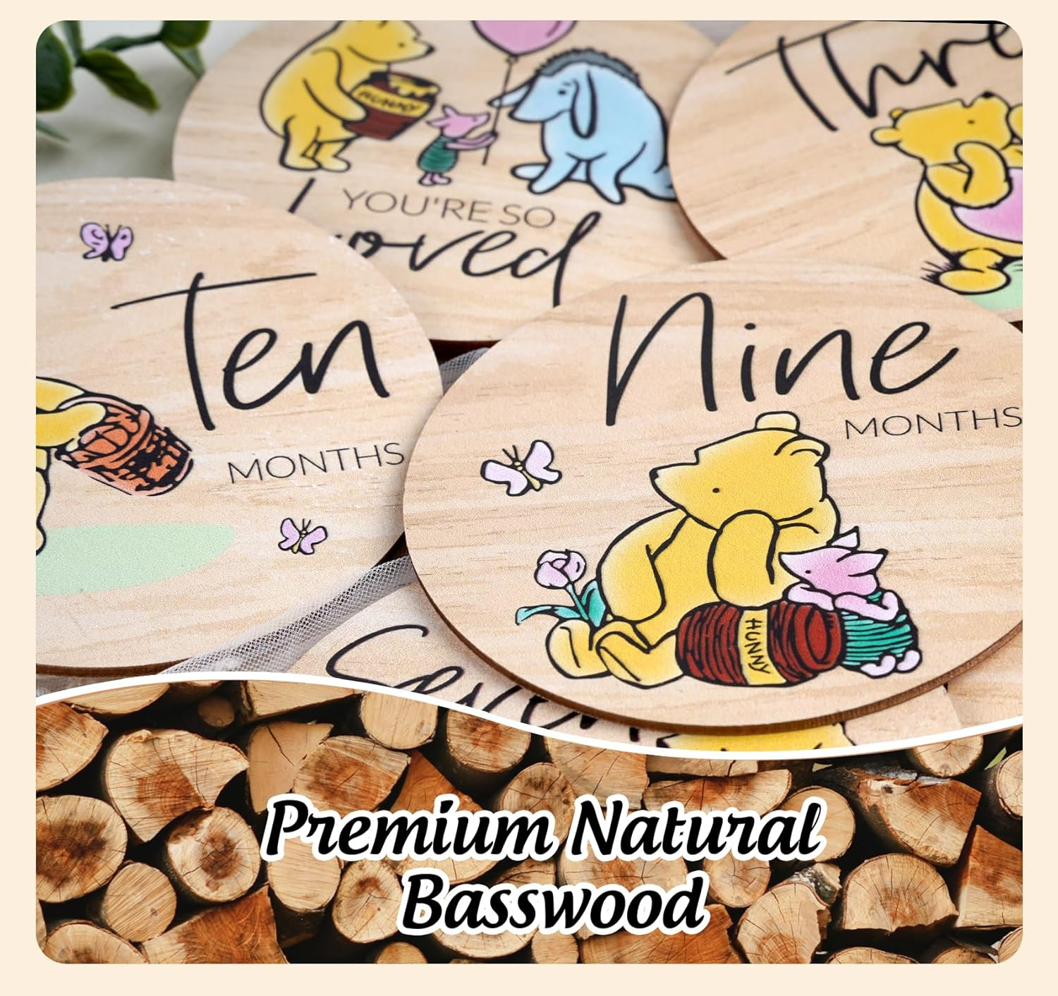 Winnie Baby Milestone Cards, Wooden Cirles Discs for Baby Photo Prop with Announcement & Hello World Sign - 8Pcs Double Sided Markers for Baby Shower Nursery Gift image number 6