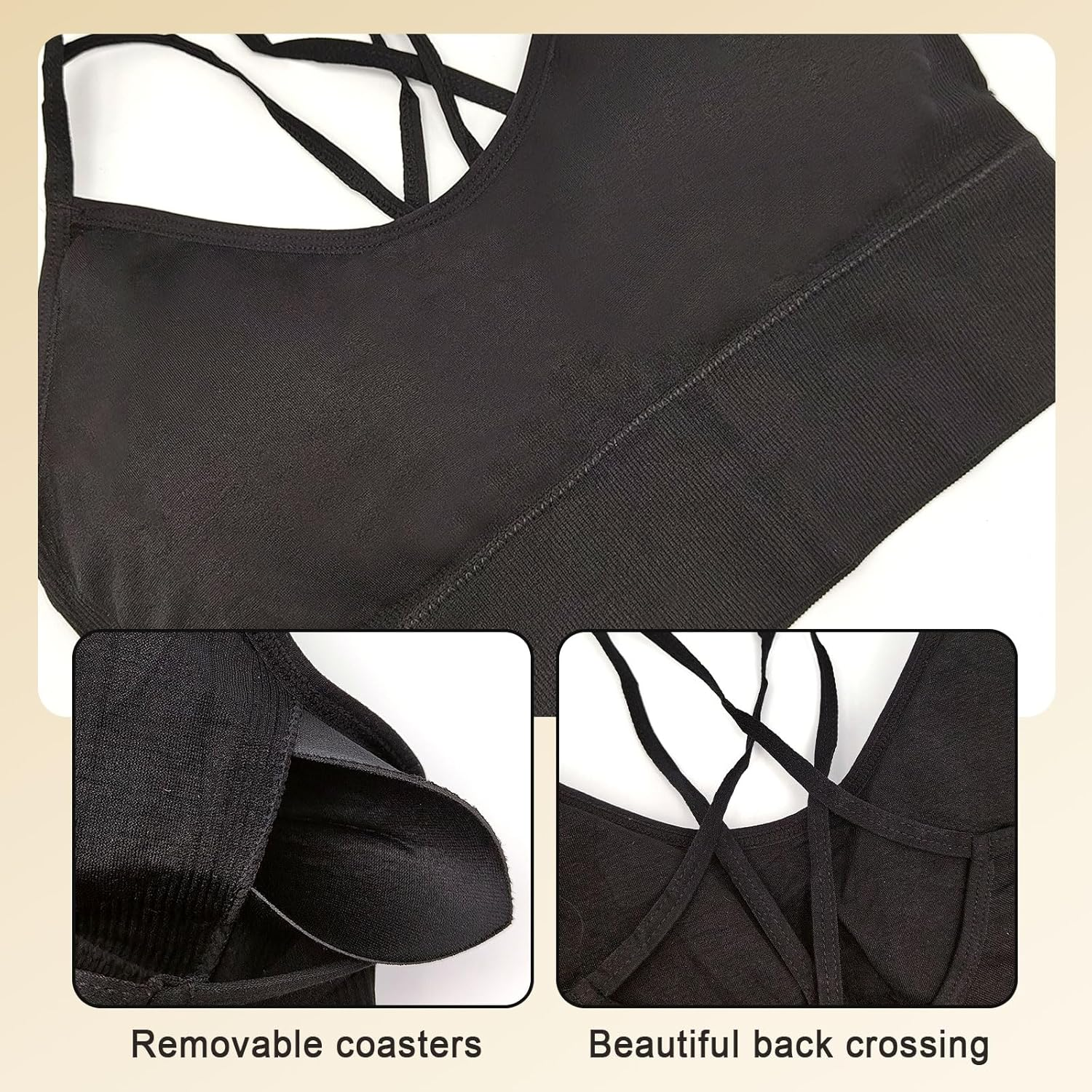 FUIPVGI Women Sports Bra Removable Pads, Seamless Comfort Women'S Strappy Back Sports Bra Athletic Wireless Wrap Chest Crop Top for Fitness Workout Exercise Yoga (Black,M) image number 5