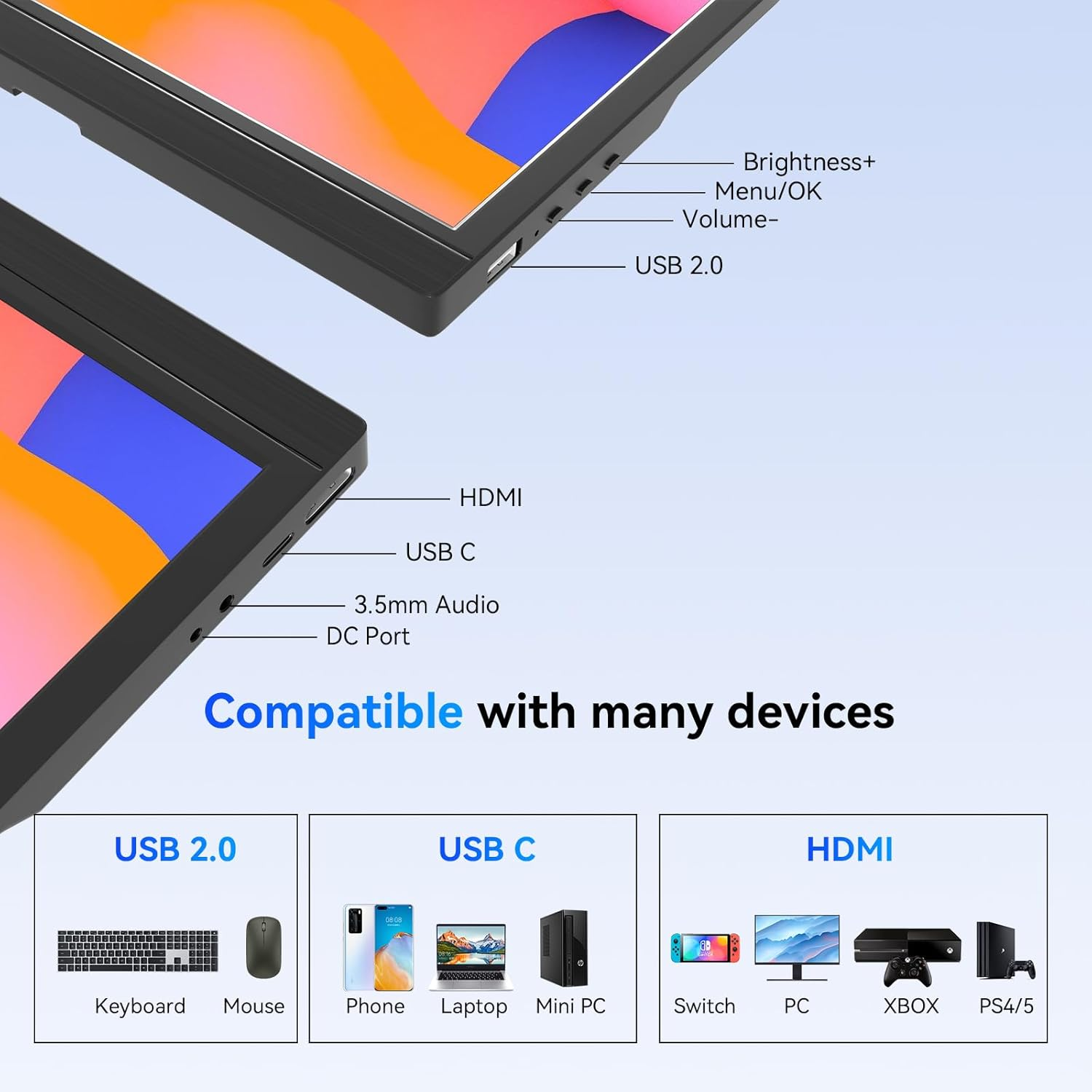USB-C Portable Monitor - 17.3 Inch Kenowa HD 1600 * 900 Laptop Monitor with Type-C HDMI Computer Display for Win 7/8/10/11 PC Mac PS4 Xbox,Built in Speakers