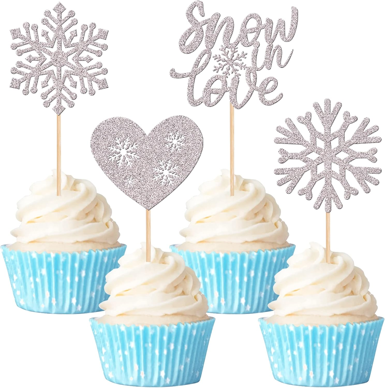 24 Pack Snow in Love Cupcake Toppers Glitter Snowflake Heart Valentine'S Day Theme Cupcake Picks for Bridal Shower Kids Birthday Christmas Party Decorations Supplies Silver image number 3