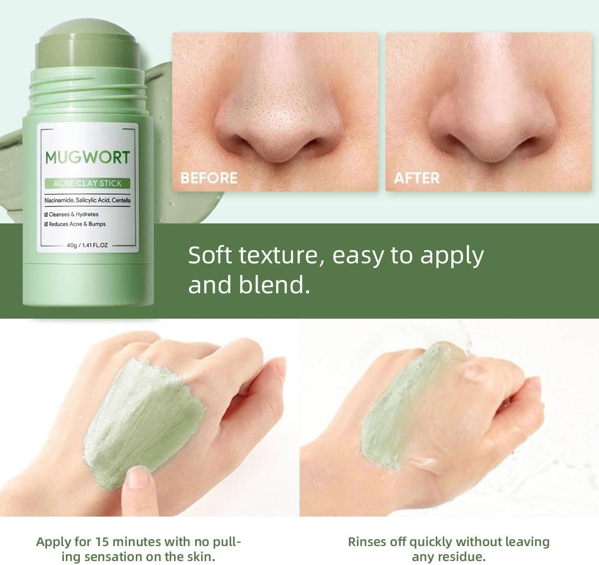 Mugwort Clay Mask Stick for Face, Deep Cleansing Blackheads & Pores, Reduces Excess Oil, Acne Treatment Mud Mask, Moisturizes & Calms Skin with Mugwort Essence, for Men & Women (1PCS)