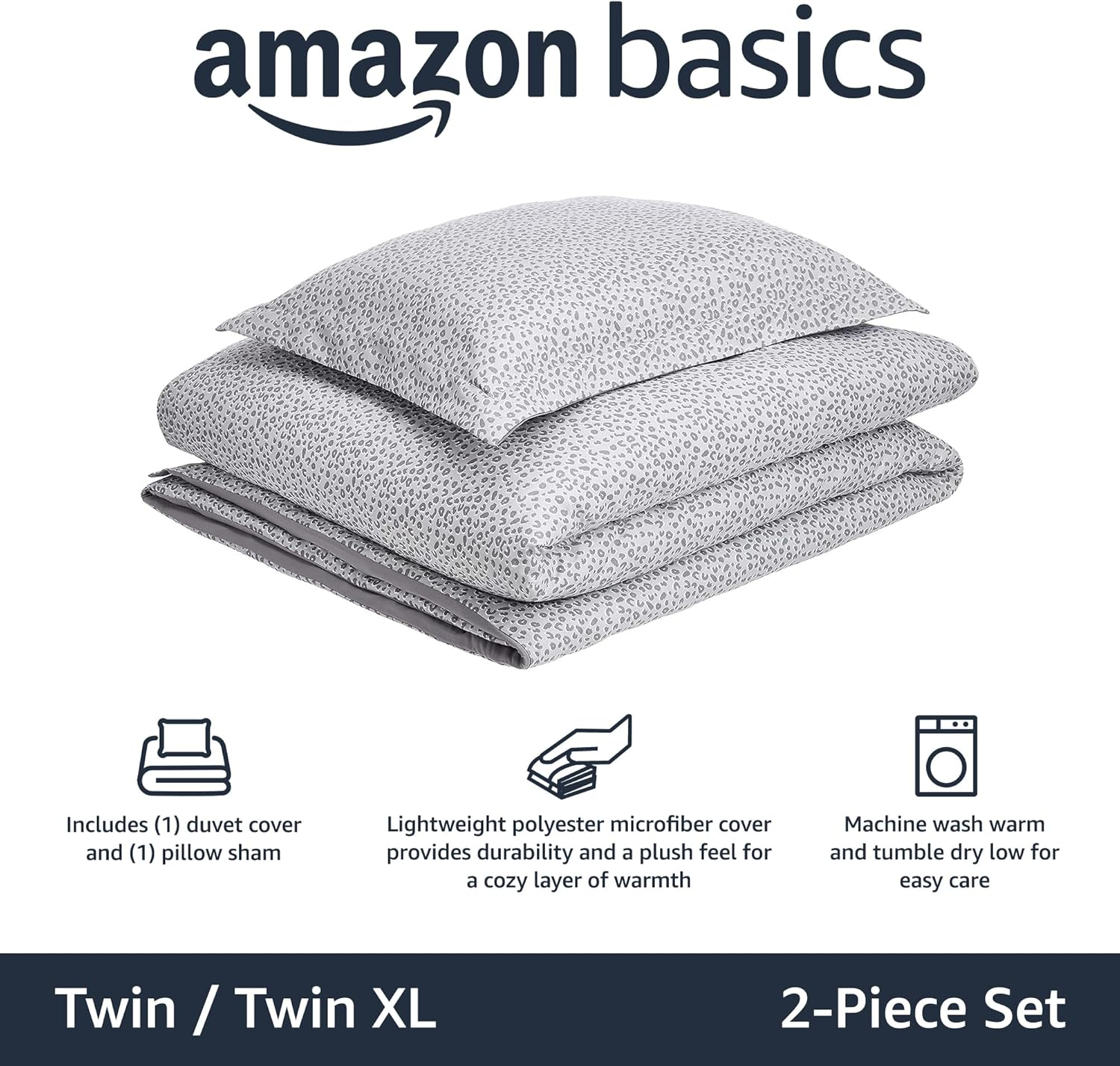 Amazon Basics Light-Weight Microfiber Duvet Cover Set with Zipper Closure - Twin/Twin XL, Grey Cheetah image number 2