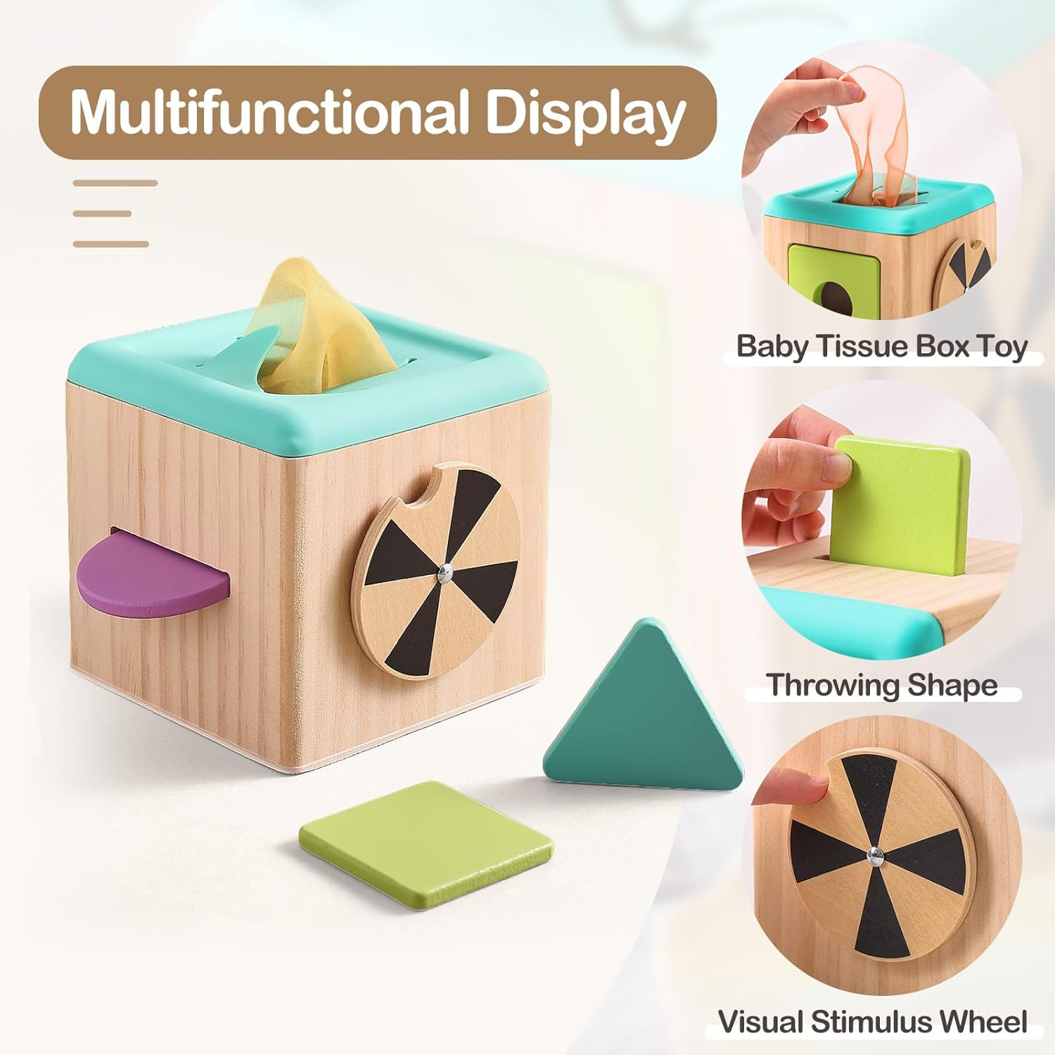 Promise Babe Wooden Baby Tissue Box Toy - Montessori Tissue Box Toy for Babies 12 Months with 3 Shape Blocks & 8 Silk Paper, Baby Boy Girl Gifts for Babies 12 18 Months Old Birthday Children Day image number 3