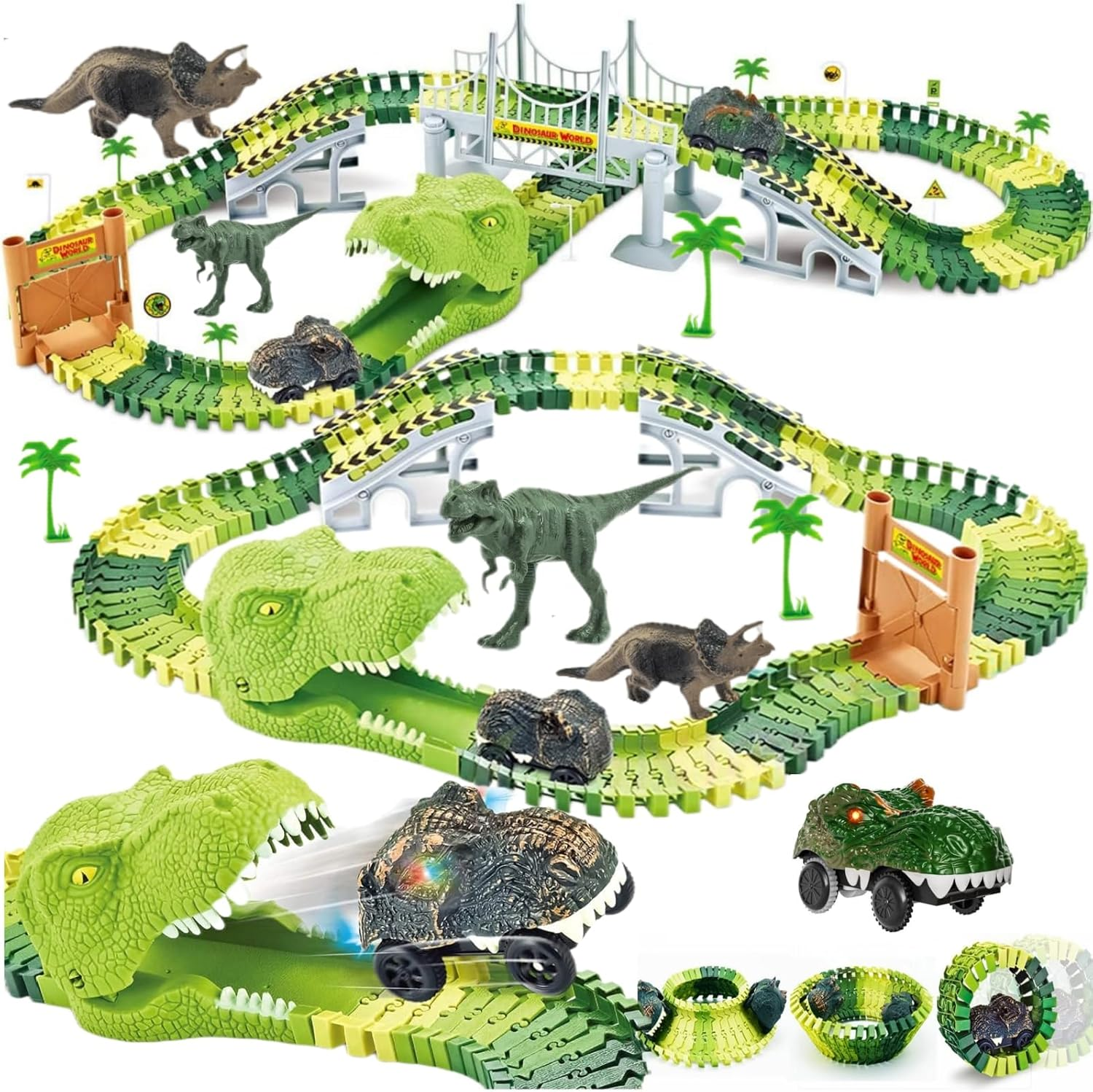 Dinosaur Toys,Dinosaur Train,Race Car Track, Create a Dinosaur World Road Race,Flexible Track Playset and 2 Pcs Cool Dinosaur Cars for Kids 3-5 Best Gift image number 3