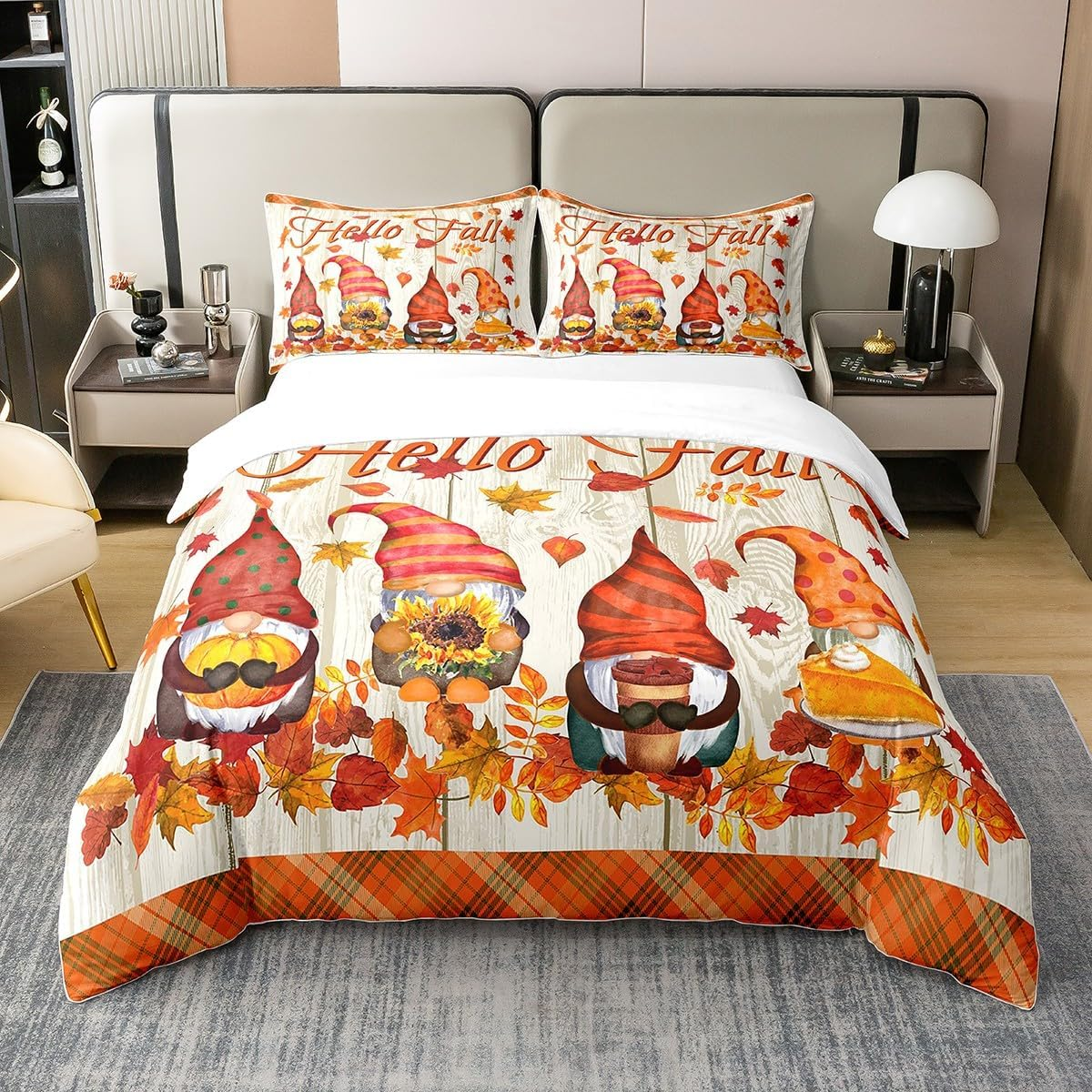 100% Cotton Autumn Greetings Bed Linen Set 200 X 200, Happy Fall Y'All Duvet Cover, Gnome Pumpkin Flowers Comforter Cover for Thanksgiving, Yellow Black Plaid Check Bed Sets with 2 Pillowcases Home
