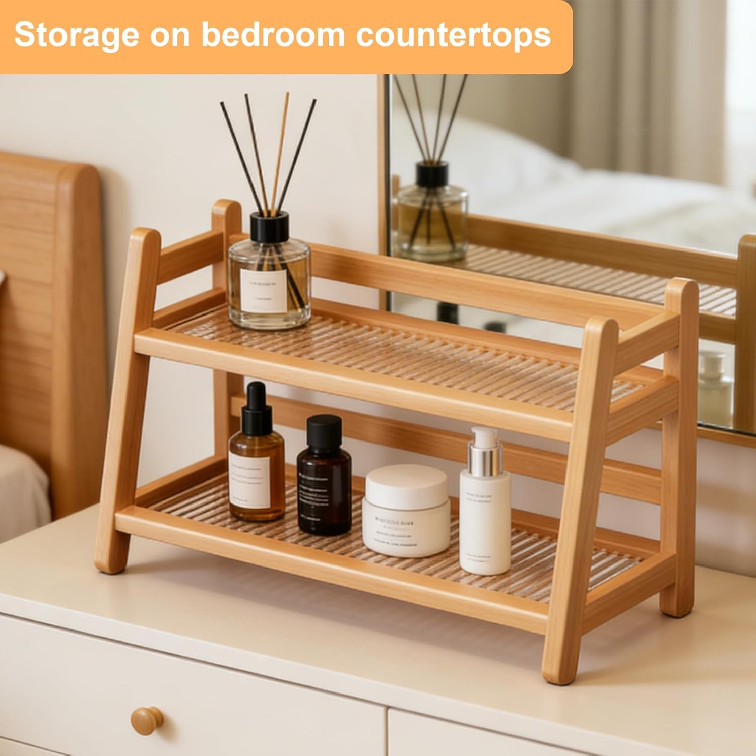 AXVRAV Cup Rack 2-Tier Bamboo Kitchen Organiser Rattan Look Coffee Cup Holder & Tea Matcha Station for Kitchen Worktop & Home Practical Cup Stand for Storage and Decoration image number 6