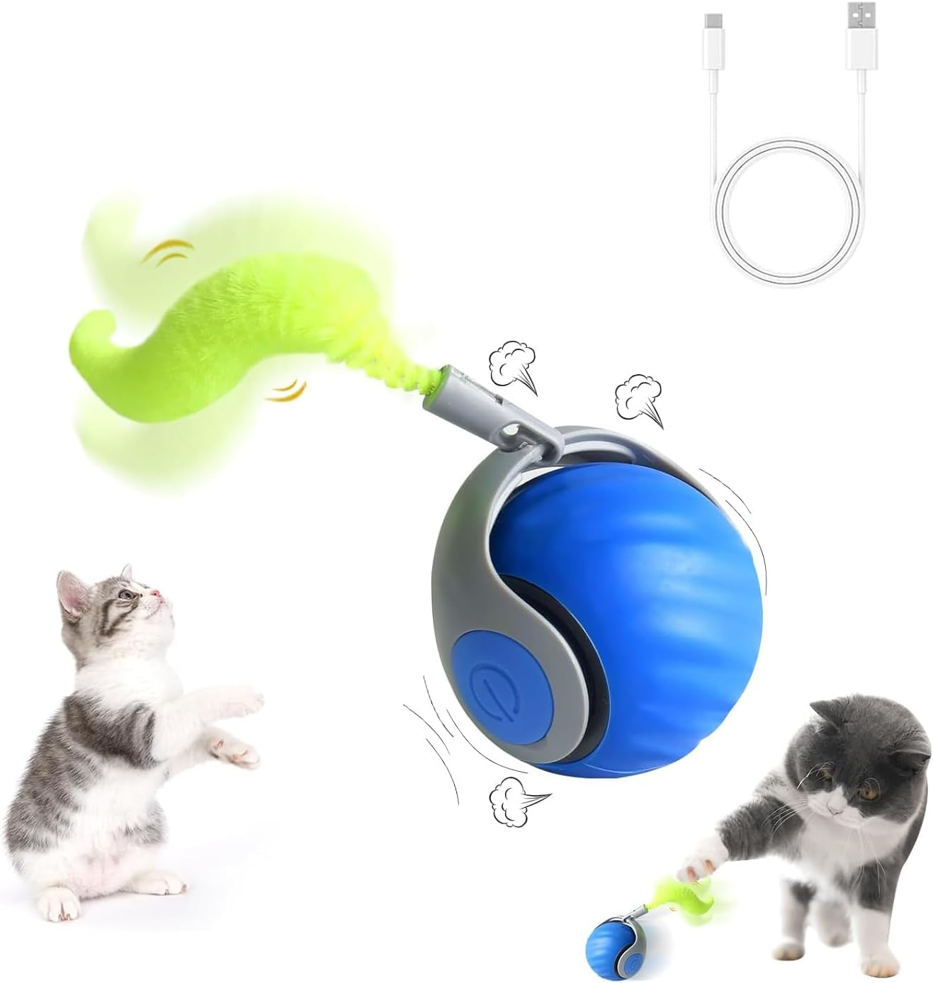 Interactive Cat Ball Toy, Rechargeable Pet Smart Chase Rolling Ball, Automatic Obstacle Avoidance Cat Toy with Anti-Scratch Cover for Bored Indoor Cat Exercise (Blue)