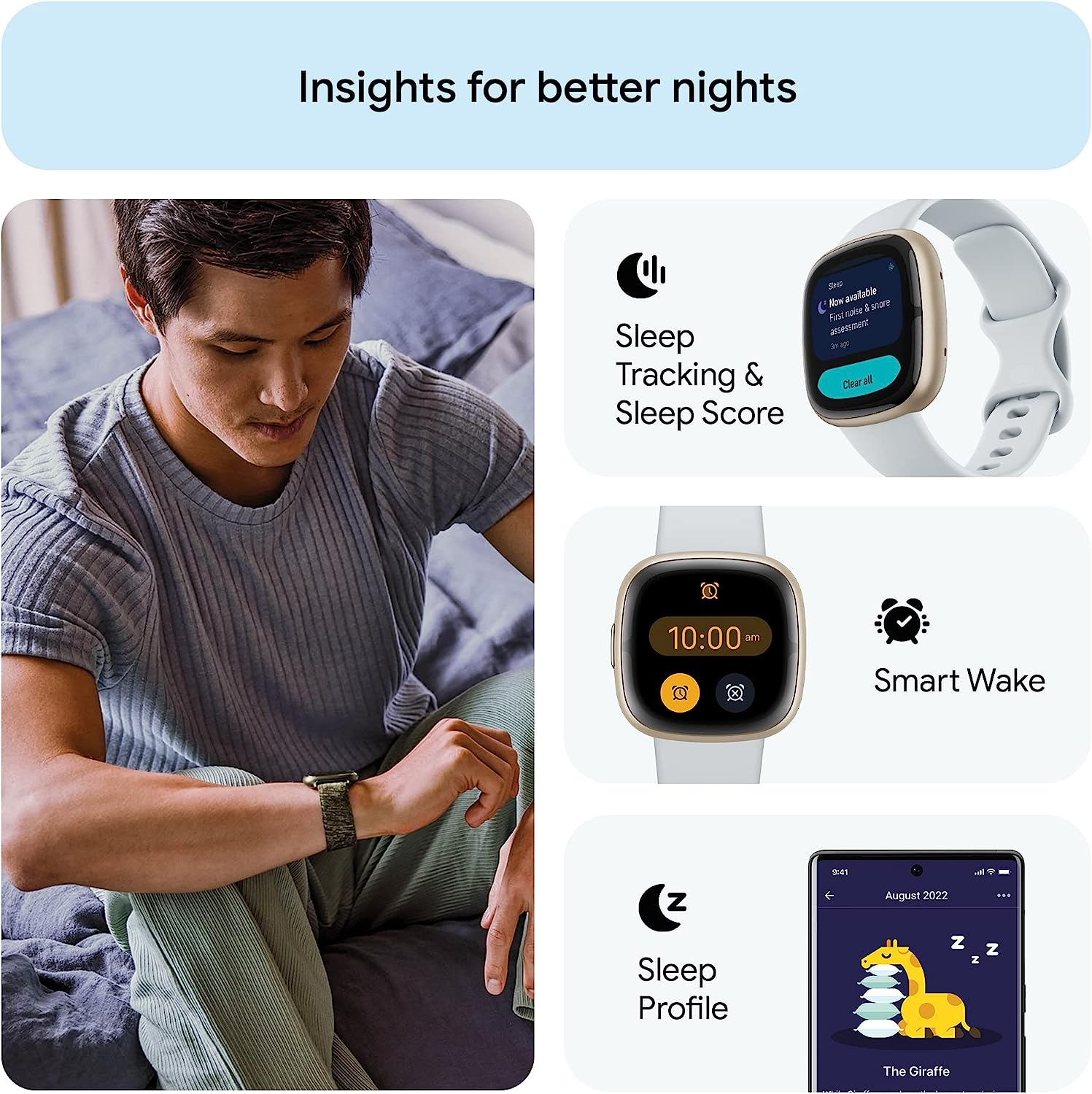 Fitbit Sense 2 Advanced Health and Fitness Smartwatch with Tools to Manage Stress and Sleep, ECG App, Spo2, 24/7 Heart Rate and GPS, Blue Mist/Pale Gold, One Size (S & L Bands Included) image number 3