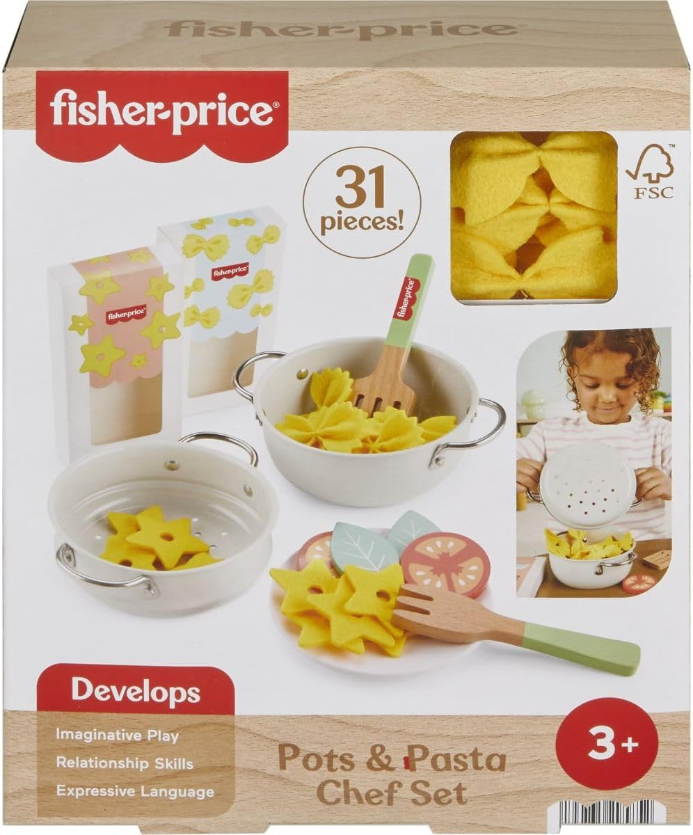 Fisher-Price Wood Pretend Cooking Set, Pots & Pasta Chef, 31 Pieces Play Food & Wooden Utensils for Preschool Kids Ages 3+ Years image number 2