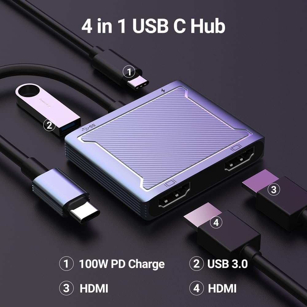 AHGEIIY USB C to Dual HDMI Adapter, 4-In-1 USB Type C Hub with 2 HDMI/USB3.0/PD Charging, Dual Screen Display USB-C Docking Station Dual HDMI Adapter for 2 Monitors Compatible with Thunderbolt 3 image number 3