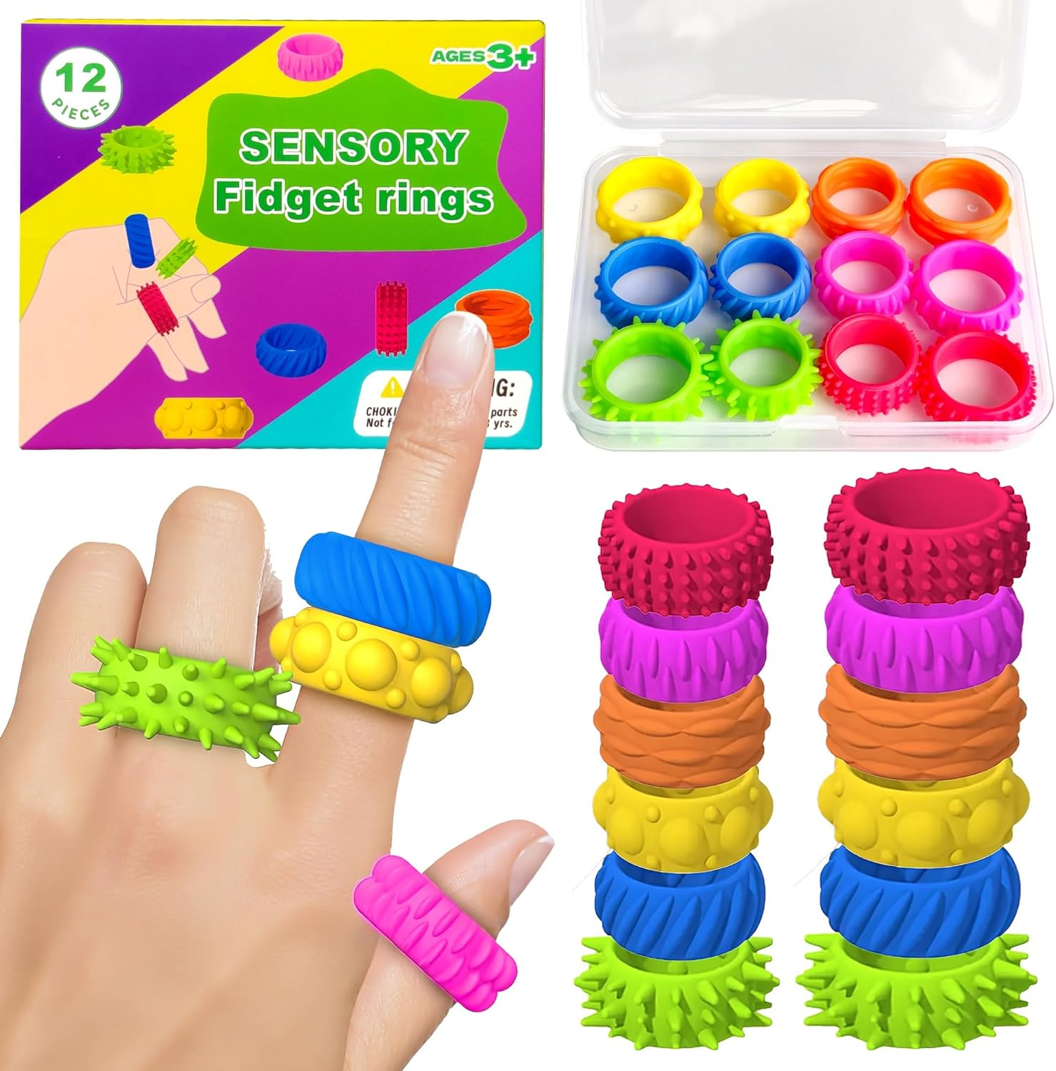 Fidget Toys Kids Sensory Rings: 12 Pack Quiet Calming Spinner Rings &ndash; Autism Stress Relief, Anxiety Fidgets for Classroom, Prize Gift & Stocking Stuffers image number 5