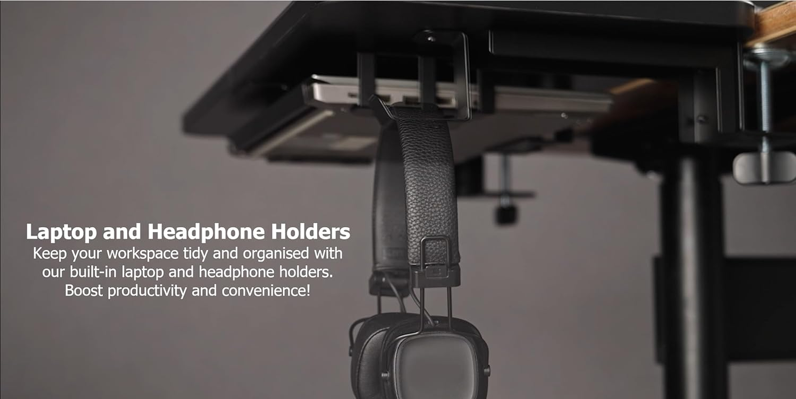 Officeozone Desk Extension Tray with Storage Holders, Heavy-Duty Clamp,Matte Black, Expand Workspace with Laptop & Headphone Holders