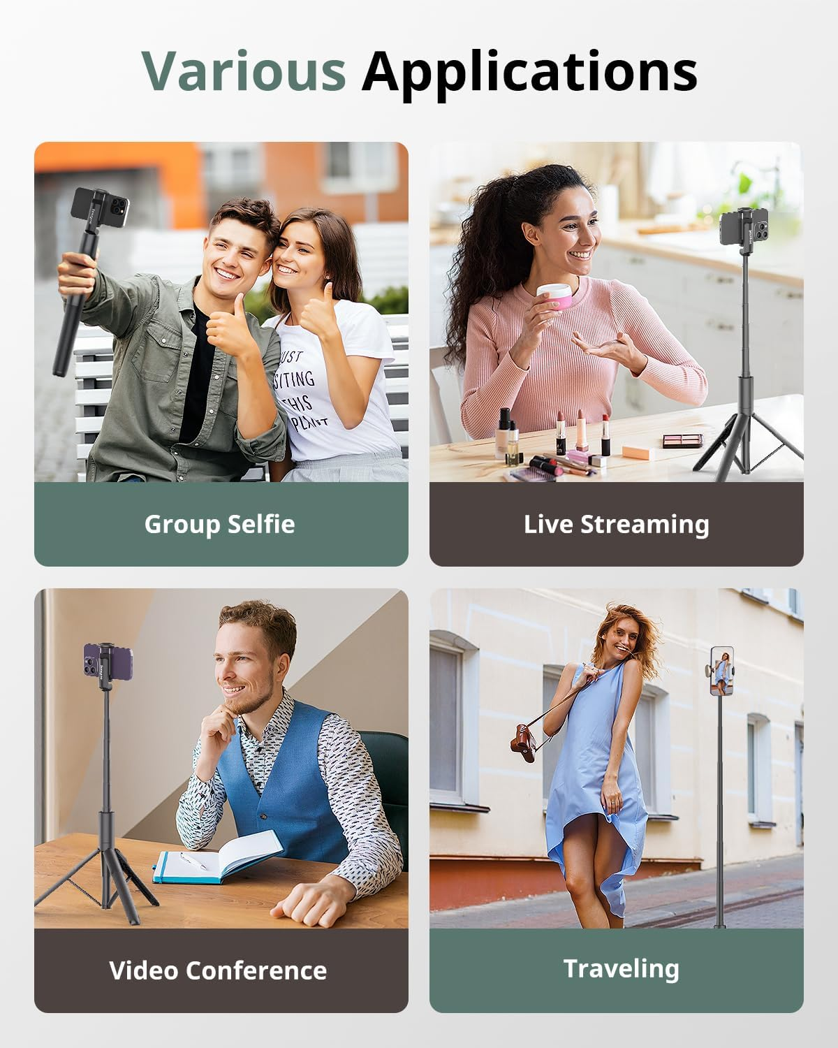 Sensyne 60" Phone Tripod & Selfie Stick, Lightweight All in One Phone Tripod Integrated with Wireless Remote Compatible with All Cell Phones for Selfie/Video Recording/Photo/Live Stream/Vlog（Black - Black image number 4