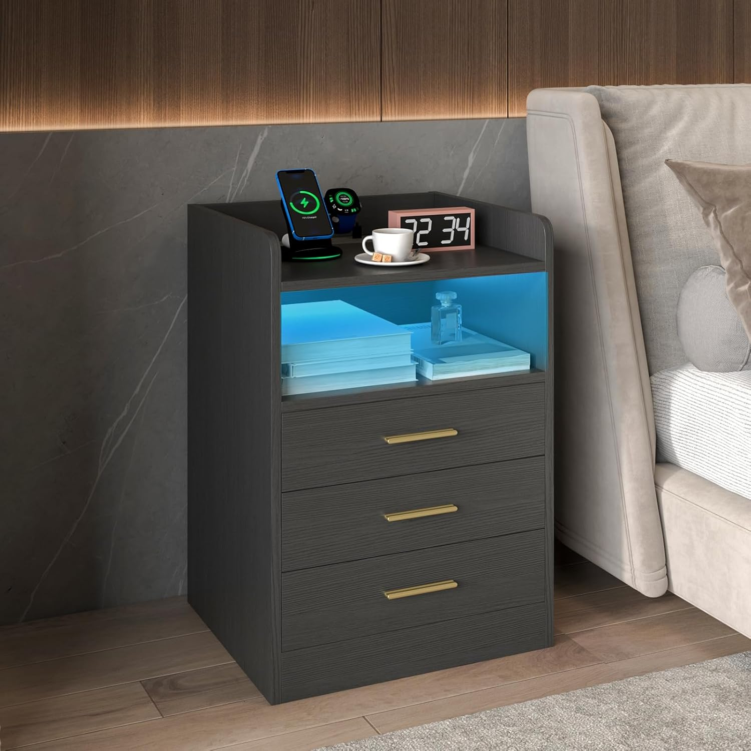 Ufurniture Nightstand with Charging Station, 16 Colors LED Bedside Table with USB Ports and Outlets, End Table with 3 Drawers and Storage Shelf, Small Dresser for Small Space, Black