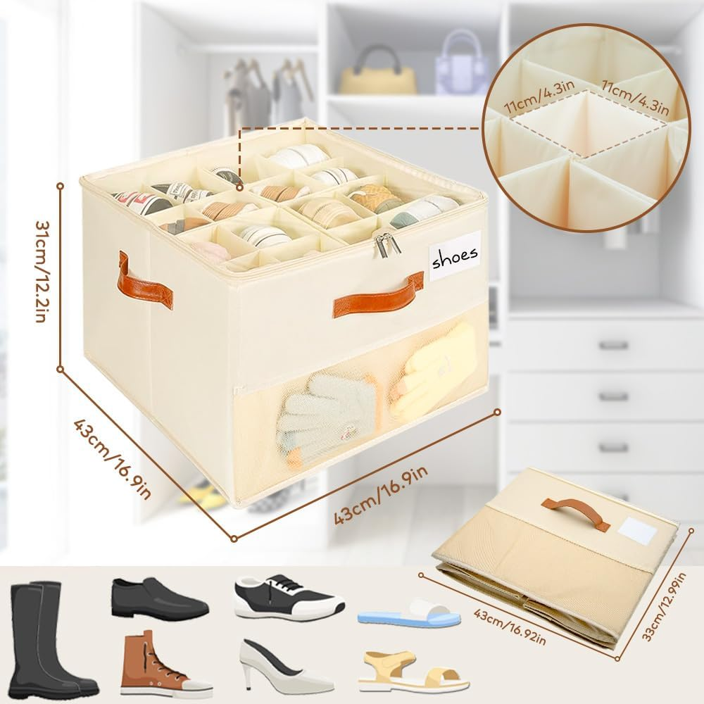 Shoe Storage Box with 16 Bags, TINY SPARK Foldable & Adjustable Organiser with Clear Cover and Leather Handles, Fits 8-16 Pairs, Beige, 43&times;43&times;31Cm (16.9&times;16.9&times;12.2In) image number 5