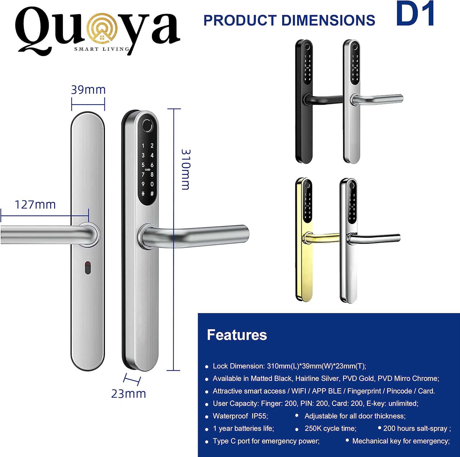QUOYA D1 Smart Door Lock, 75&deg; Max Rotation Angle, IP55 Waterproof, Unlocking Method (Fingerprint, RFID Key Card, Pin/Passcode, App, Mechanical Key) (Silver) - Black image number 6