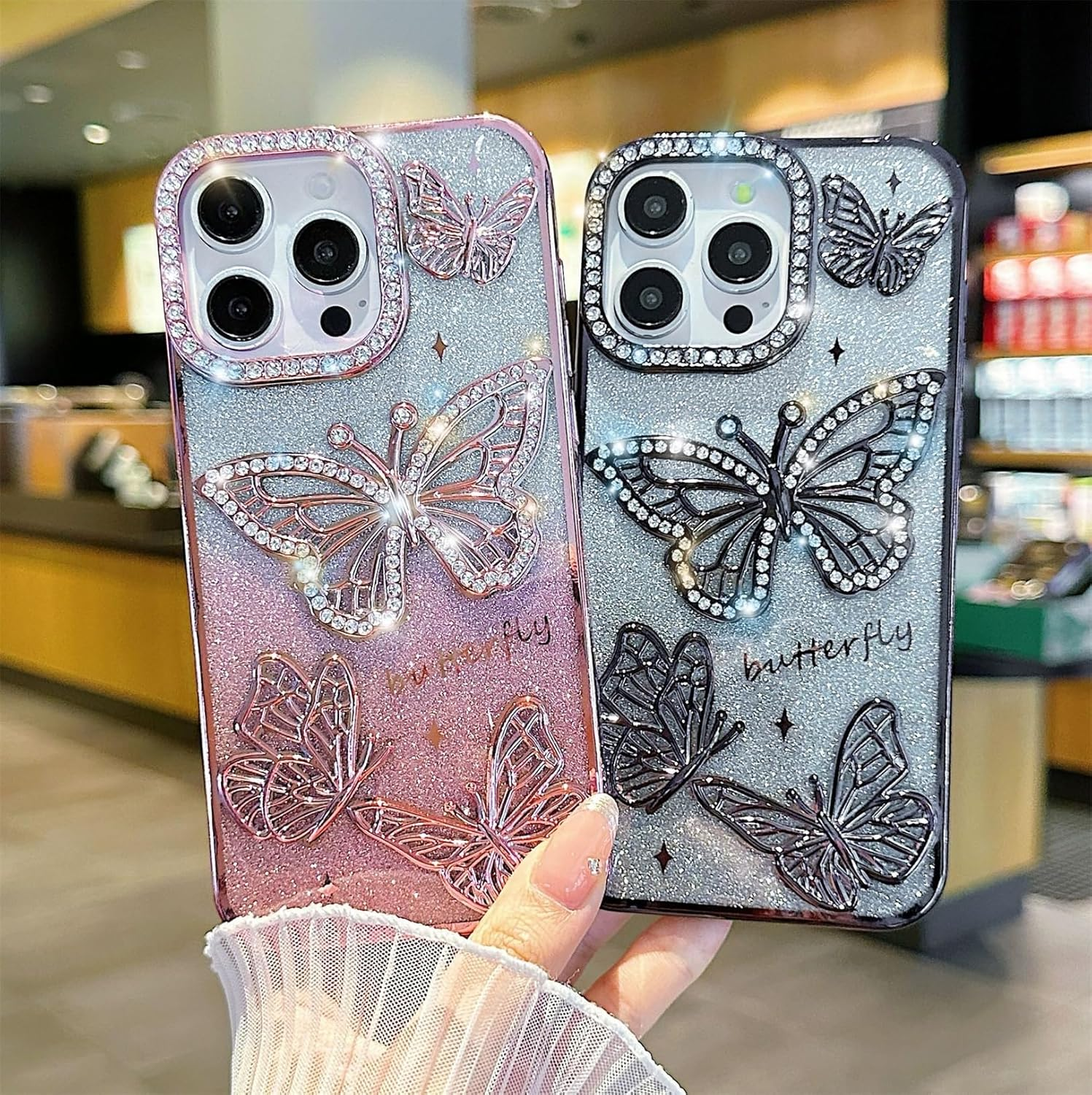 Emlivi Glitter Case for Iphone 16 Plus, 3D Butterfly Bling Diamond Mobile Phone Case Transparent TPU Bumper Cover, Colour Gradient Card, Camera Protection, Shockproof Protective Case for Iphone 16 image number 3