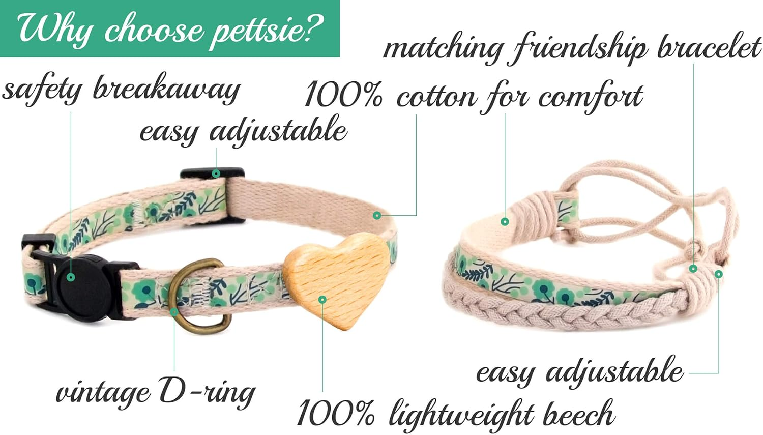 Pettsie Cat Collar Breakaway Safety with Heart and Friendship Bracelet for You, Natural and Soft 100% Cotton for Extra Comfort, Strong and Durable, Easy Adjustable Size 8-11 Inch (Green)