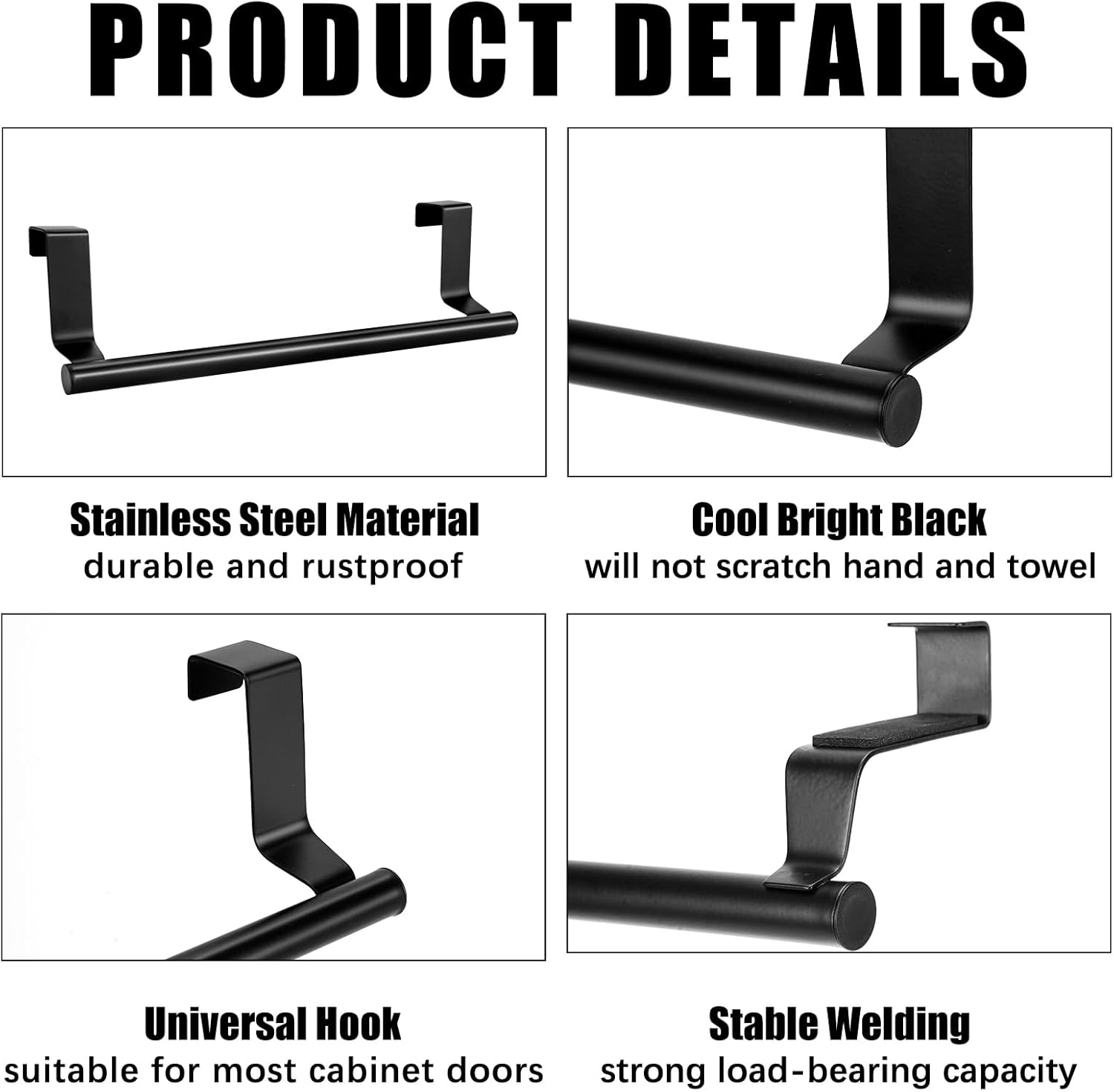 RETON 3 PCS over Door Towel Rack, 9.25 Inch Stainless Steel Cabinet Towel Hanger, Kitchen Towel Bar Holder with Anti-Slip Pads, No Drilling Required (Black) image number 5