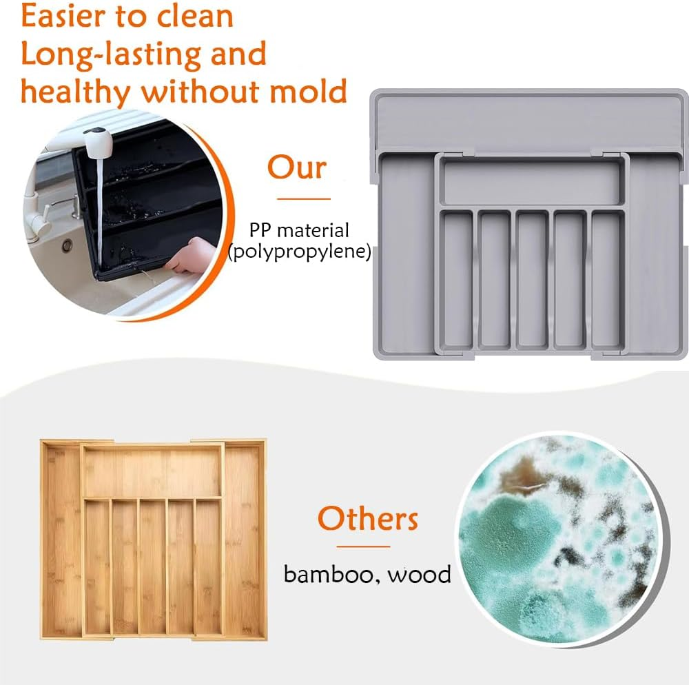 Wnddle Expandable Cutlery Tray for Drawers, Drawer Organiser, Cutlery Tray for Drawers, Adjustable Drawer Insert, Cutlery Tray, Kitchen Organiser, for Spoons/Forks (Grey) - Black 2 image number 5