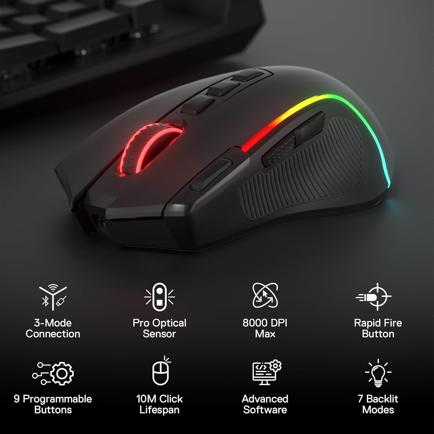 Redragon M612 PRO RGB Gaming Mouse, 8000 DPI Wired/Wireless Optical Gamer Mouse with 9 Programmable Buttons & 7 Backlit Modes, BT & 2.4G Wireless, Software Supports DIY Keybinds Rapid Fire Button image number 5