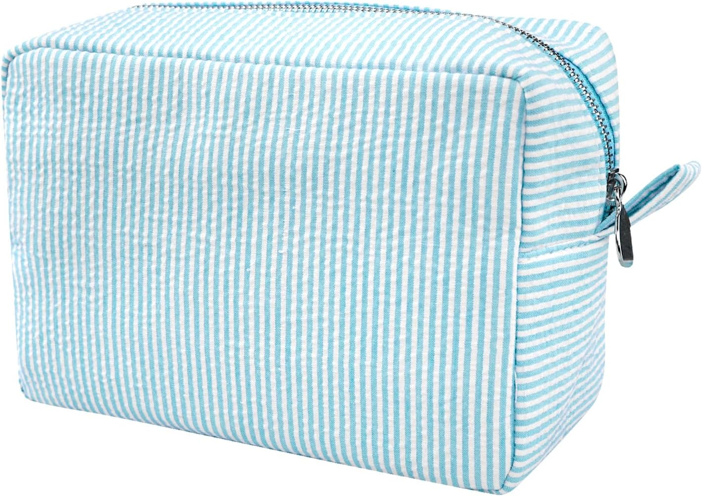 GFU Cosmetic Bag for Women, Large Makeup Bag, Travel Toiletry Stripe Cosmetic Bag, Seersucker Women Aesthetic Organizer Storage Pouch, Girls Handbags Purses (Pink)