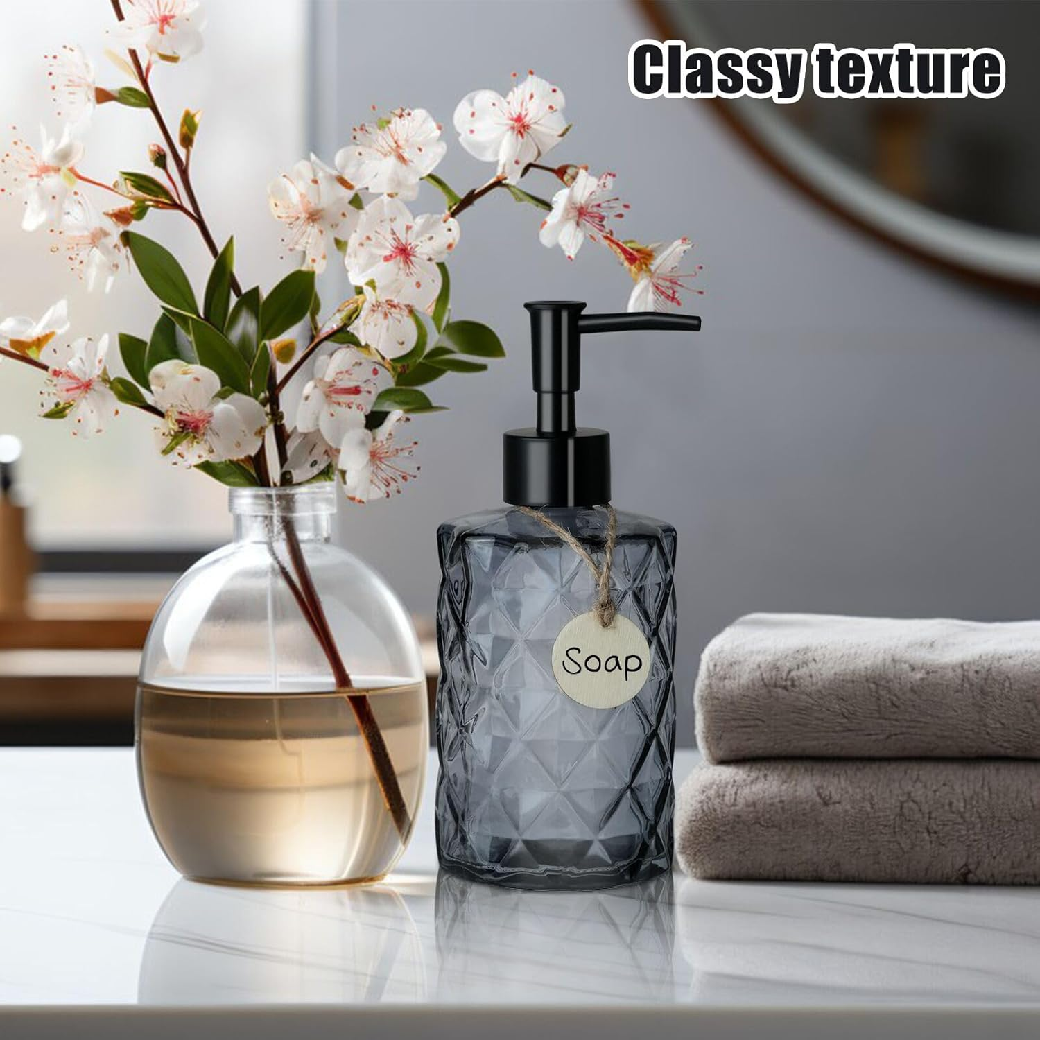 3Pcs 11Oz Glass Soap Dispenser with Plastic Pump, Diamond Design Kitchen Bathroom Soap Dispenser, Refillable Liquid Glass Soap Dispenser for Hand Soap, Soap, Lotion (Black) image number 3