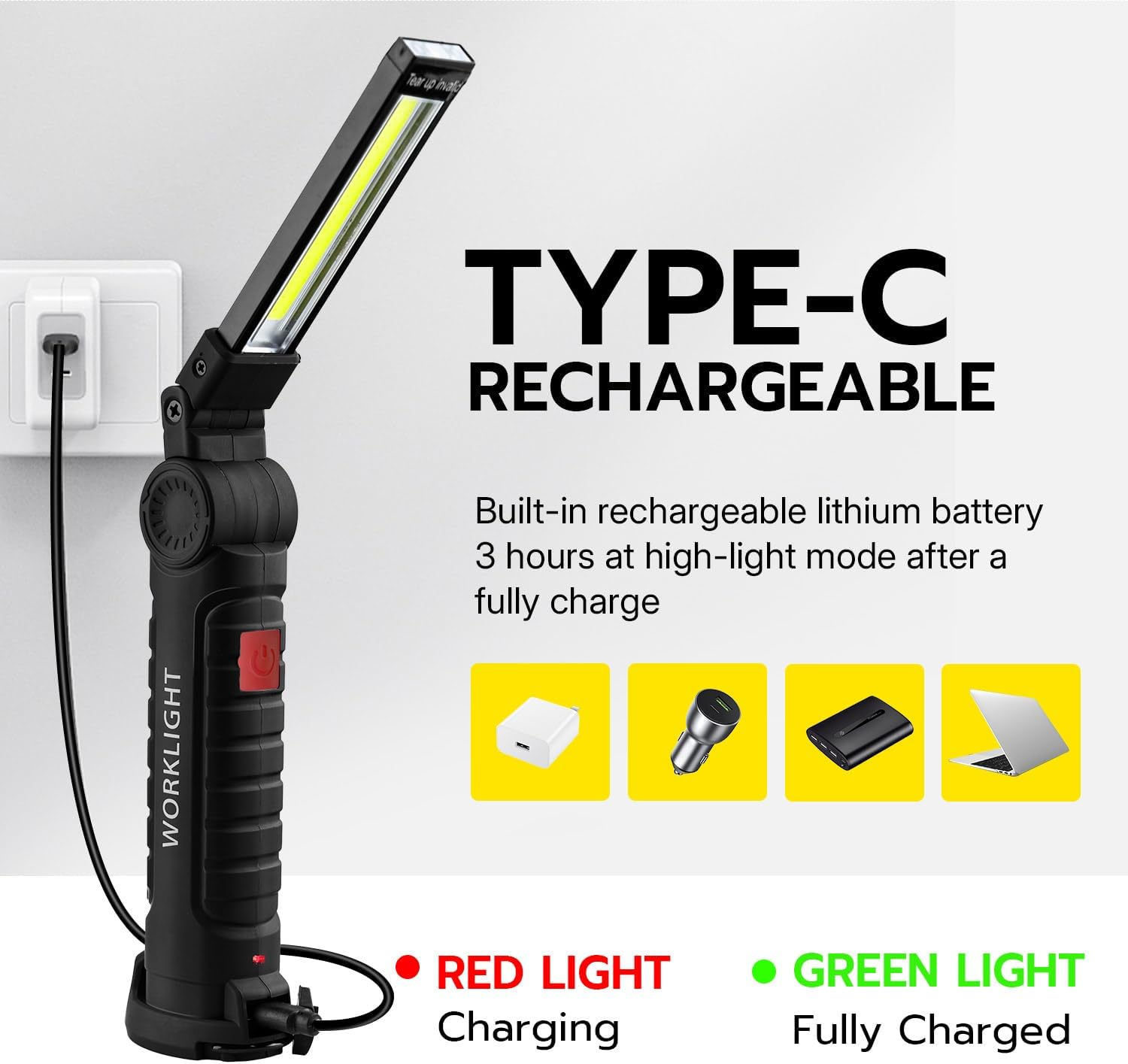 Mcbazel Rechargeable LED Work Light-5 Modes 360&deg; Rotatable Magnetic Torch with USB-C Charging,Portable Camping Light for Car Repair, Emergency, Garage, BBQ & DIY Projects image number 1